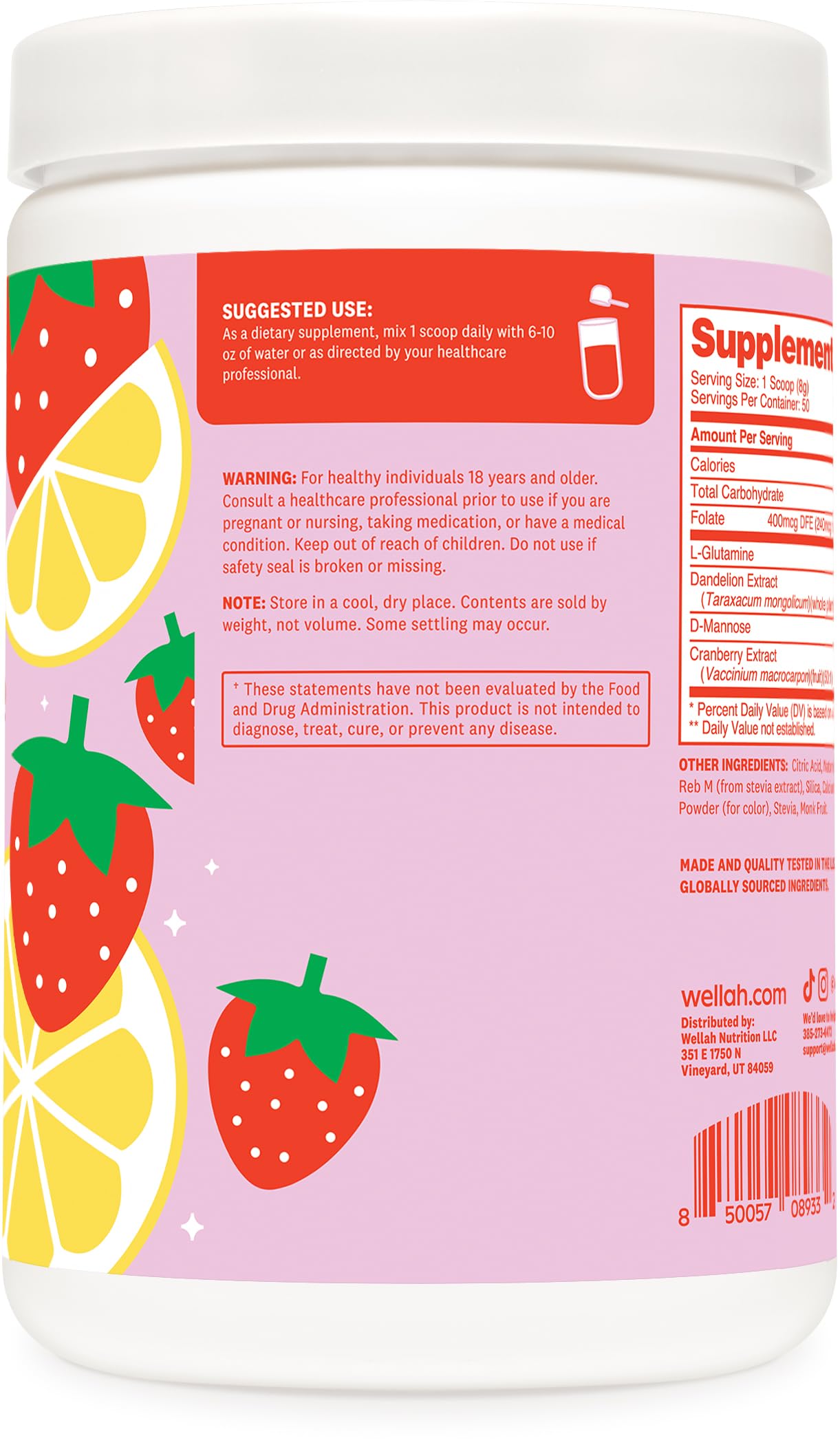 Wellah L-Glutamine Strawberry Lemonade Flavored (50 Servings) - 5g L-Glutamine Per Serving, Sweetened with Stevia Wellah uk supplements