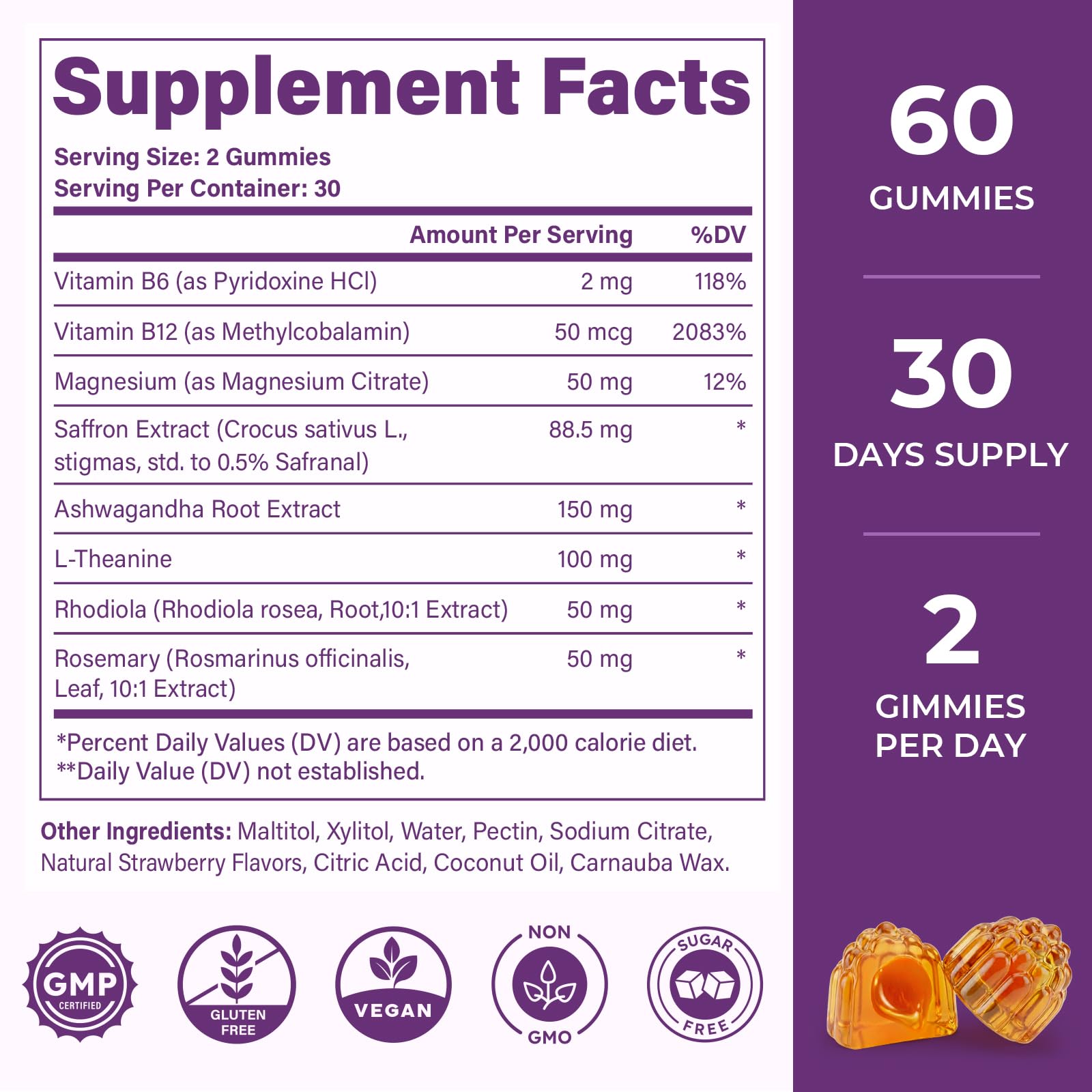 Saffron Supplements Gummies, 88.5mg Pure Saffron Extract with Ashwagandha L-Theanine Rhodiola Rosemary Magnesium Vitamin B6 B12 for Mood Focus Support Adults Kids - 60 Count VEGETUSMAX uk supplements