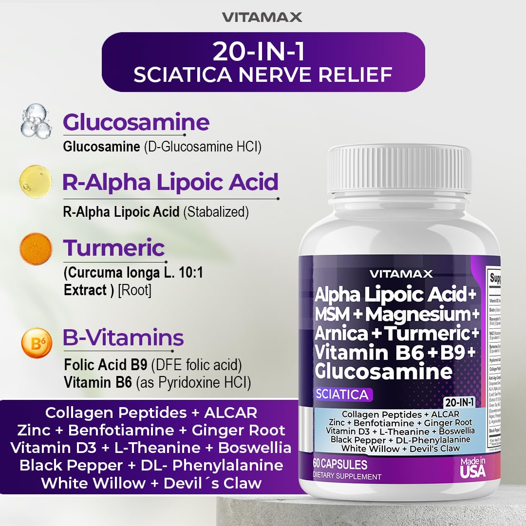 Sciatic Nerve Health Support - Sciatic Nerve Supplement Capsules with Folic Acid, Pea, Glucosamine, MSM, Vitamin B Complex, Alpha Lipoic Acid 300mg – 60ct – Made in USA Vitamax uk supplements