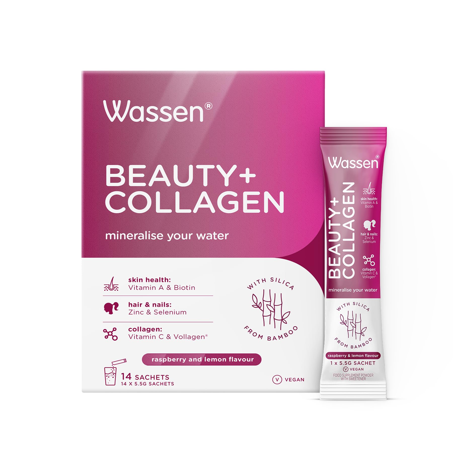 Wassen Beauty and Collagen - Plant-Based Vegan Collagen - 14 Raspberry & Lemon Flavoured Sachets Wassen uk supplements