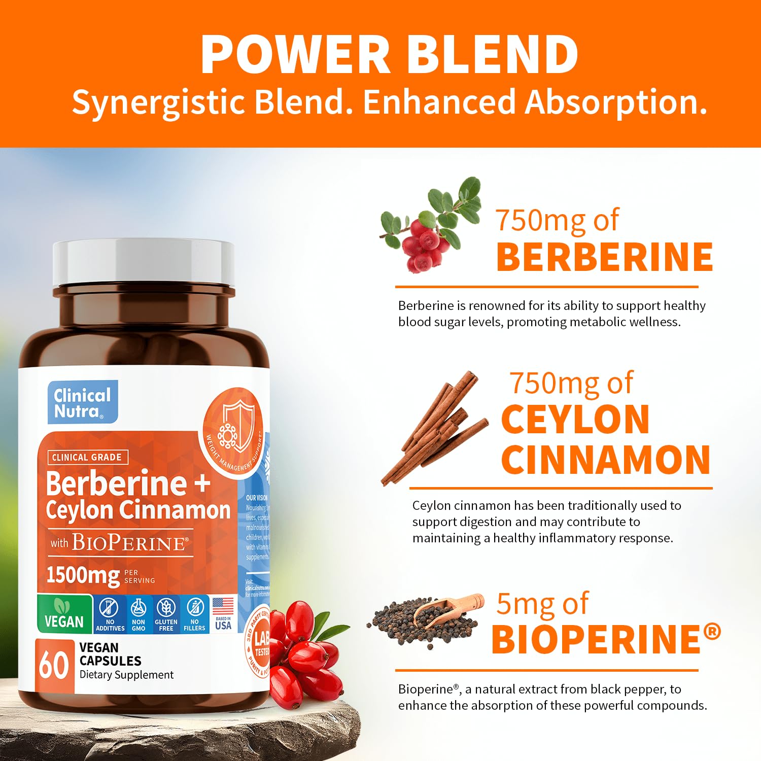 Clinical Grade Berberine Supplement 1500mg HCL Plus Ceylon Cinnamon Weight Managemen Clinical Nutra uk supplements