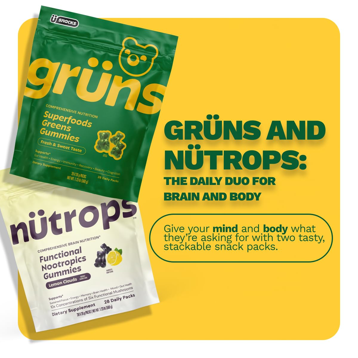 Nutrops Lions Mane Mushroom Gummies for adults, Functional Nootropics, Herbal Brain Supplement for Energy, Brain Health, Cognitive, Memory & Focus, Reishi, Chaga, Cordyceps, Coriolus, 28 daily Packs Grüns uk supplements
