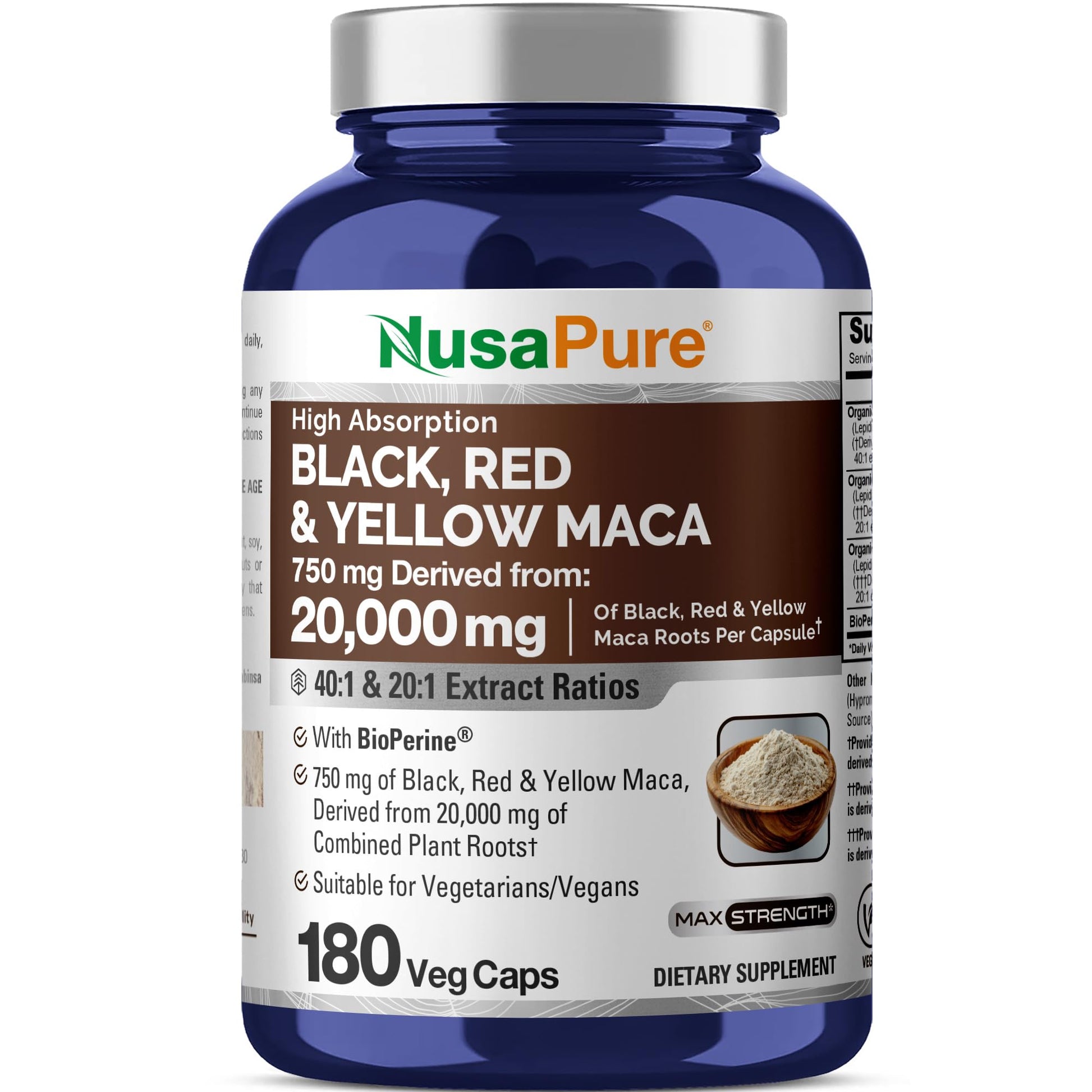 NusaPure Maca Root Black, Red, Yellow 20,000mg - 180 Vegan Capsules (Vegan,Non-GMO, Gluten Free) Bioperine NusaPure uk supplements