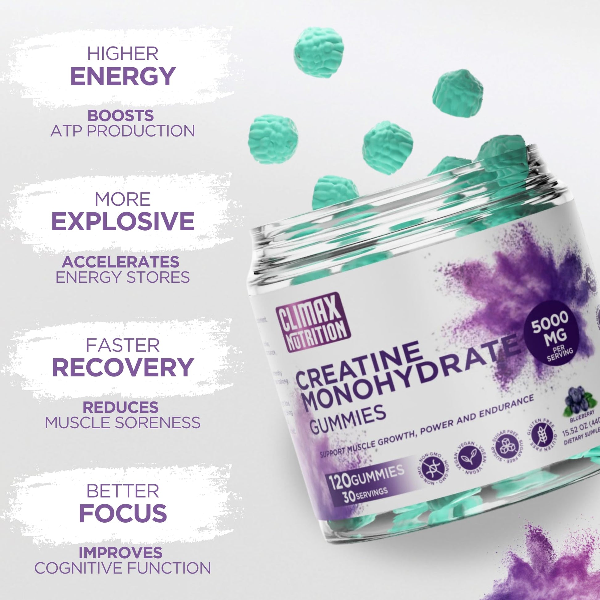 Creatine Monohydrate Gummies - Vegan, Sugar-Free, Gluten-Free - Boosts Muscle Recovery, Strength & Lean Muscle Growth - Brain Health Support - for Men & Women - Blueberry Flavor - 120 Gummies CLIMAX NUTRITION uk supplements