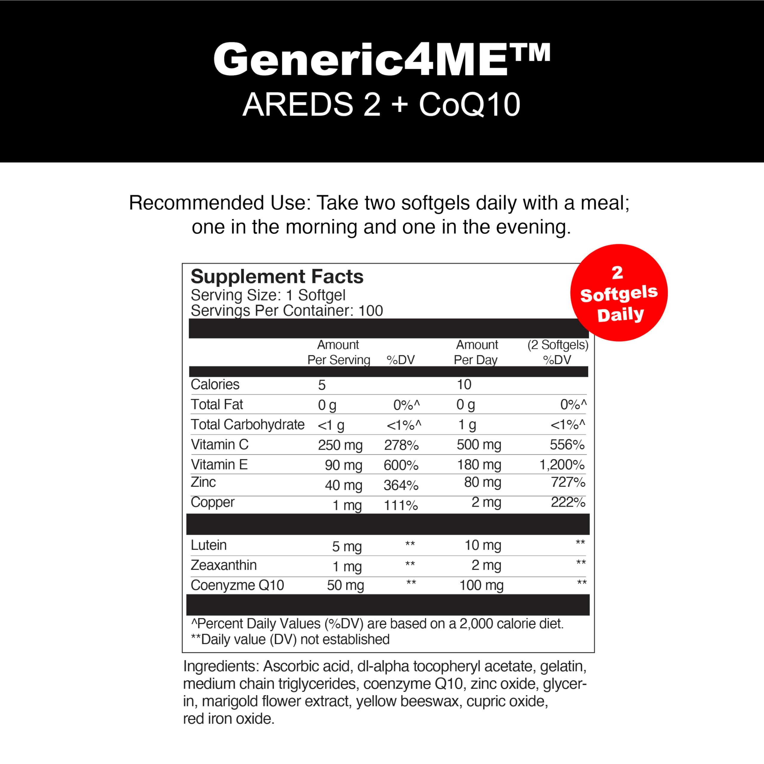 Generic4ME AREDS 2 SoftGels, 100 mg CoQ10 for Heart Health, 500 mg Vitamin C, 400 IU Vitamin E, 10 mg Lutein, 2 mg Zeaxanthin, 80 mg Zinc, 2 mg Copper - Supports Eye Health - 100 Mini SoftGels Generic4ME uk supplements