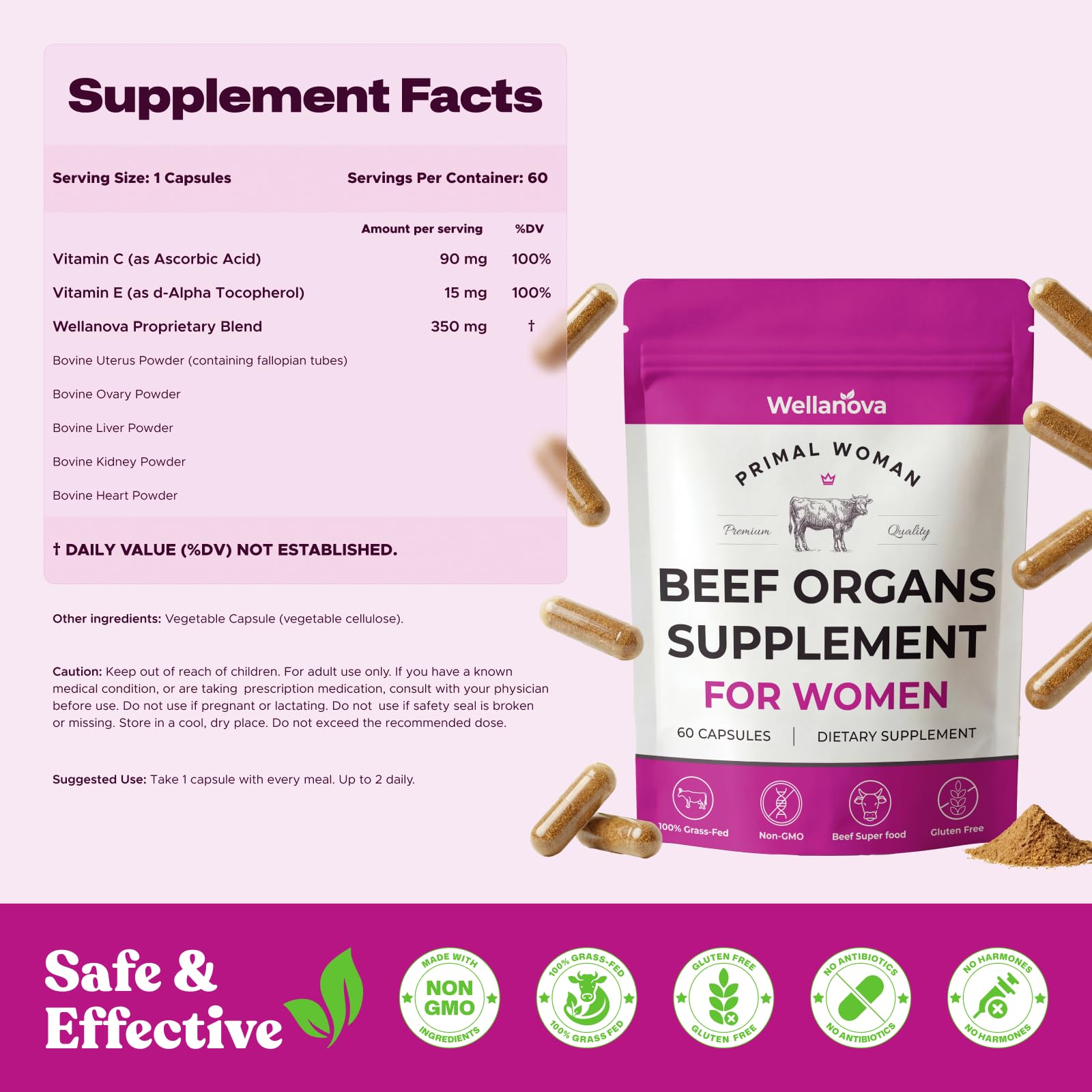 Primal Beef Organ Supplement for Women, Grass-Fed Ancestral Superfood Supplement with Uterus & Liver for Hormone Balance & Queen Energy - 60 Day Supply Wellanova uk supplements