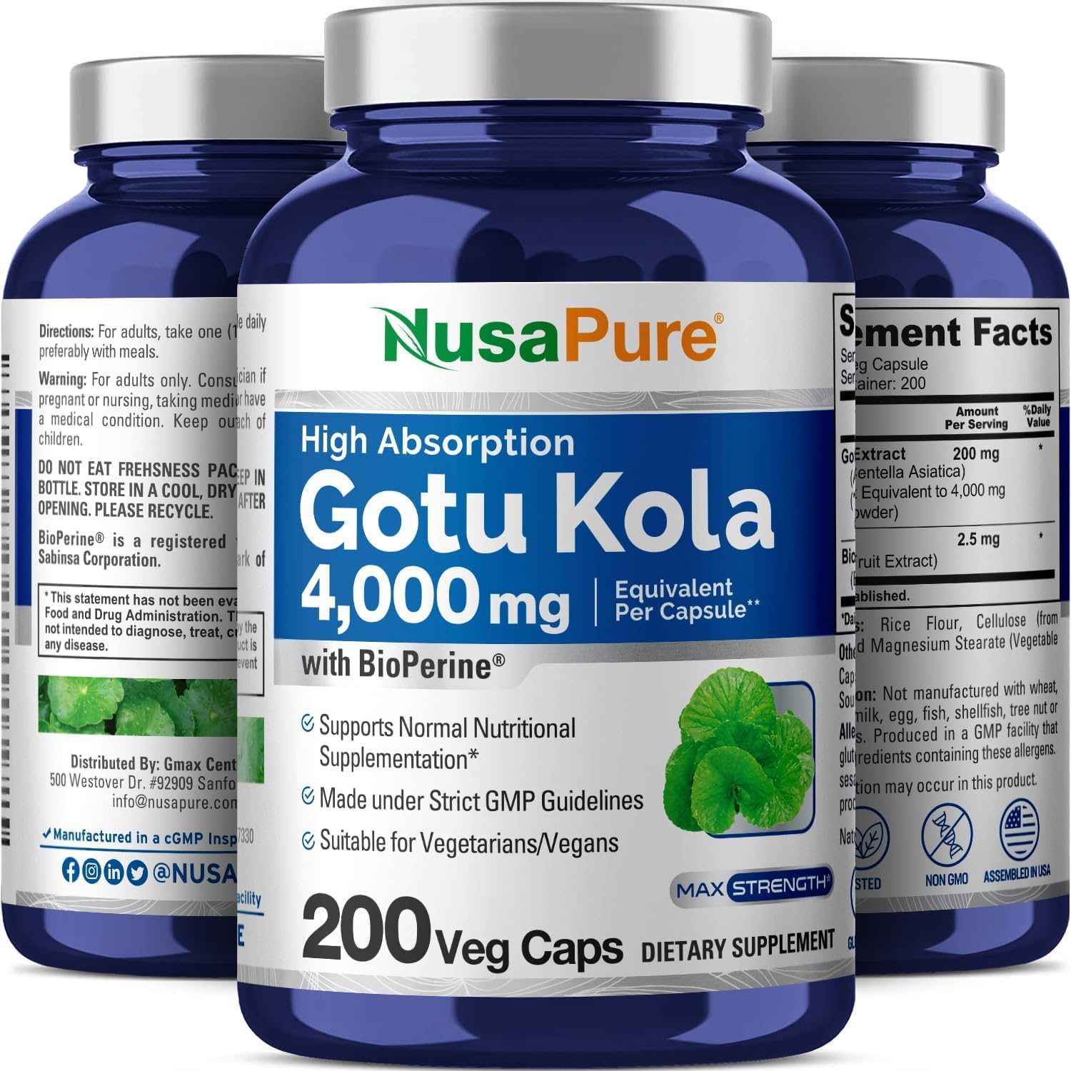 NusaPure Gotu Kola Capsules 20:1 Extract, 200 mg Equivalent to 4000mg Per Veggie Caps, 200 Count, Non-GMO, Vegan, Bioperine - Traditional Herb Extract NusaPure uk supplements