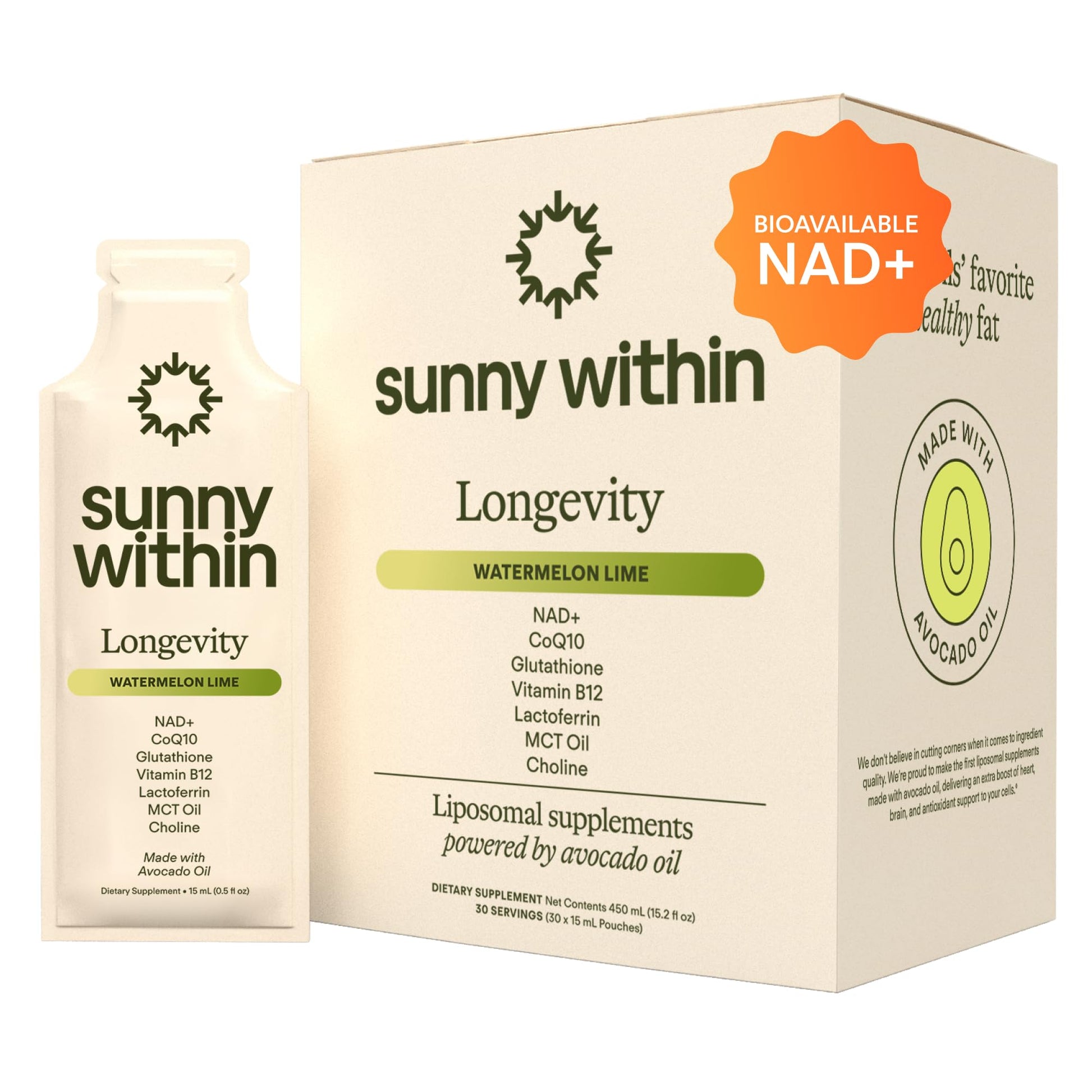 Sunny Within Longevity – Liposomal NAD+ Glutathione Supplement w/Liquid NAD+, CoQ10, B12, MCT & Avocado Oil – Cellular Health, Energy, Brain, Gut & Heart Support* – Watermelon Lime – 30 Pouches Sunny Within uk supplements