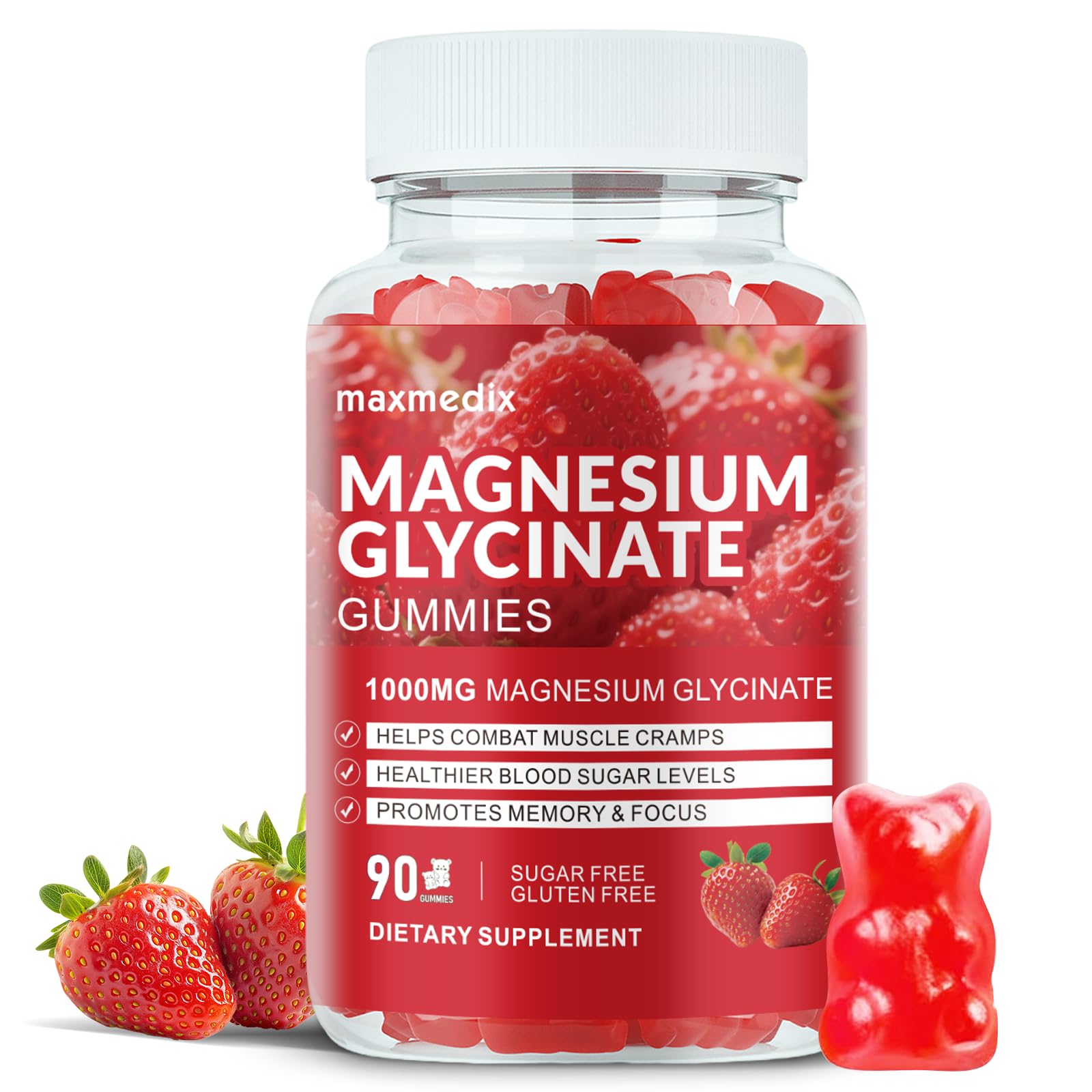 Magnesium Glycinate Gummies 1000mg, Sugar Free Magnesium Potassium Supplements Chewable for Adults with L-Threonate for Sleep, Body Support and Relaxation,90 Strawberry Gummies maxmedix uk supplements
