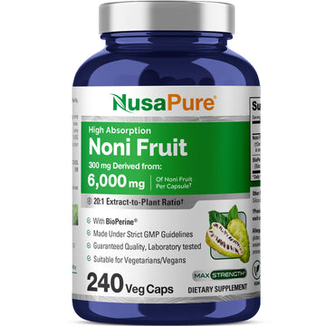 NusaPure Noni Fruit 20:1 Extract, 300 mg Equivalent to 6,000 mg 240 Capsules Suitable for Vegetarian/Vegan, Non-GMO NusaPure uk supplements