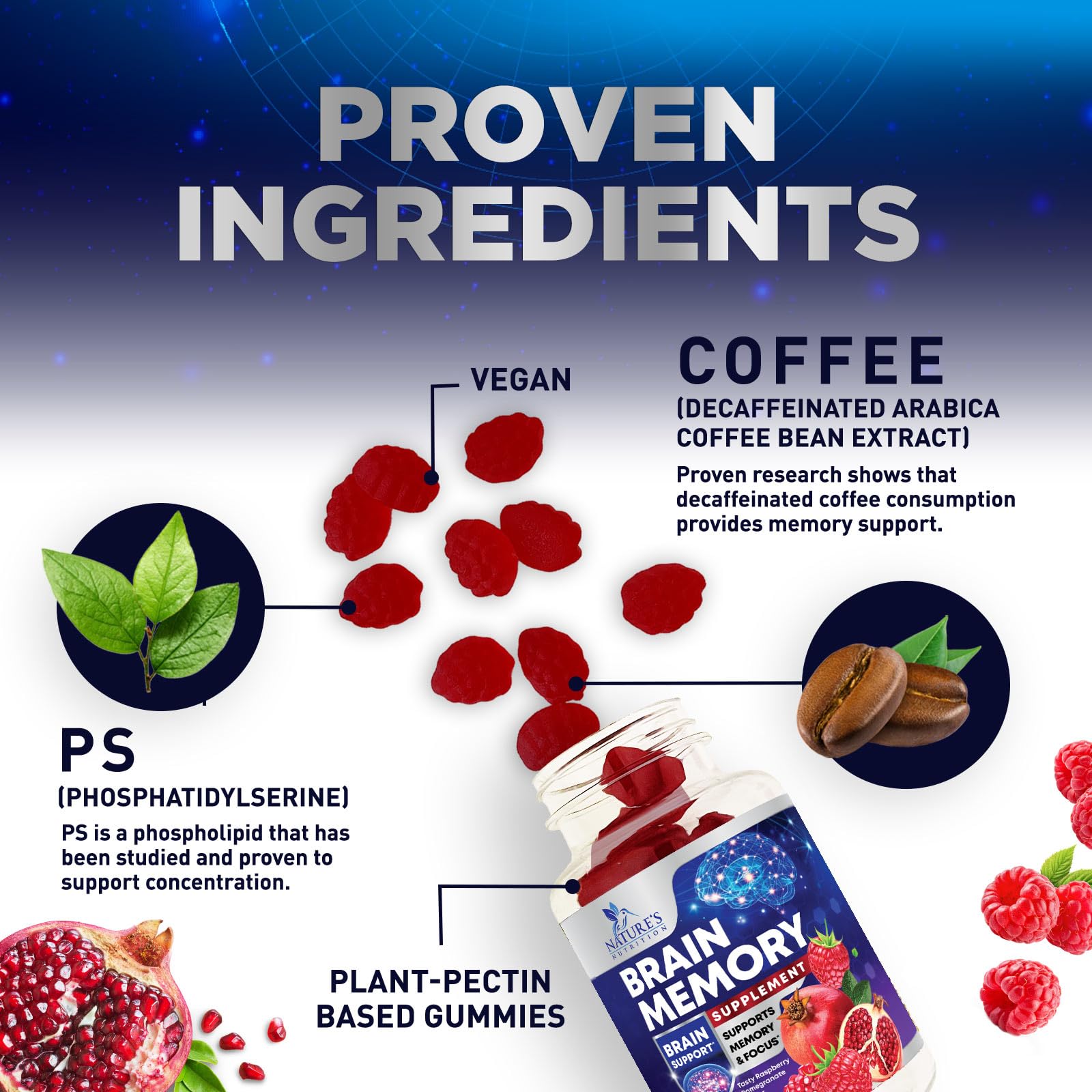 Brain Supplements for Memory & Focus Gummies - Brain Health Clarity with B6 B12 & Phosphatidylserine - Natural Nootropics Cognitive Concentration & Alertness Support Vitamins - 60 Vegan Gummies Nature's Nutrition uk supplements