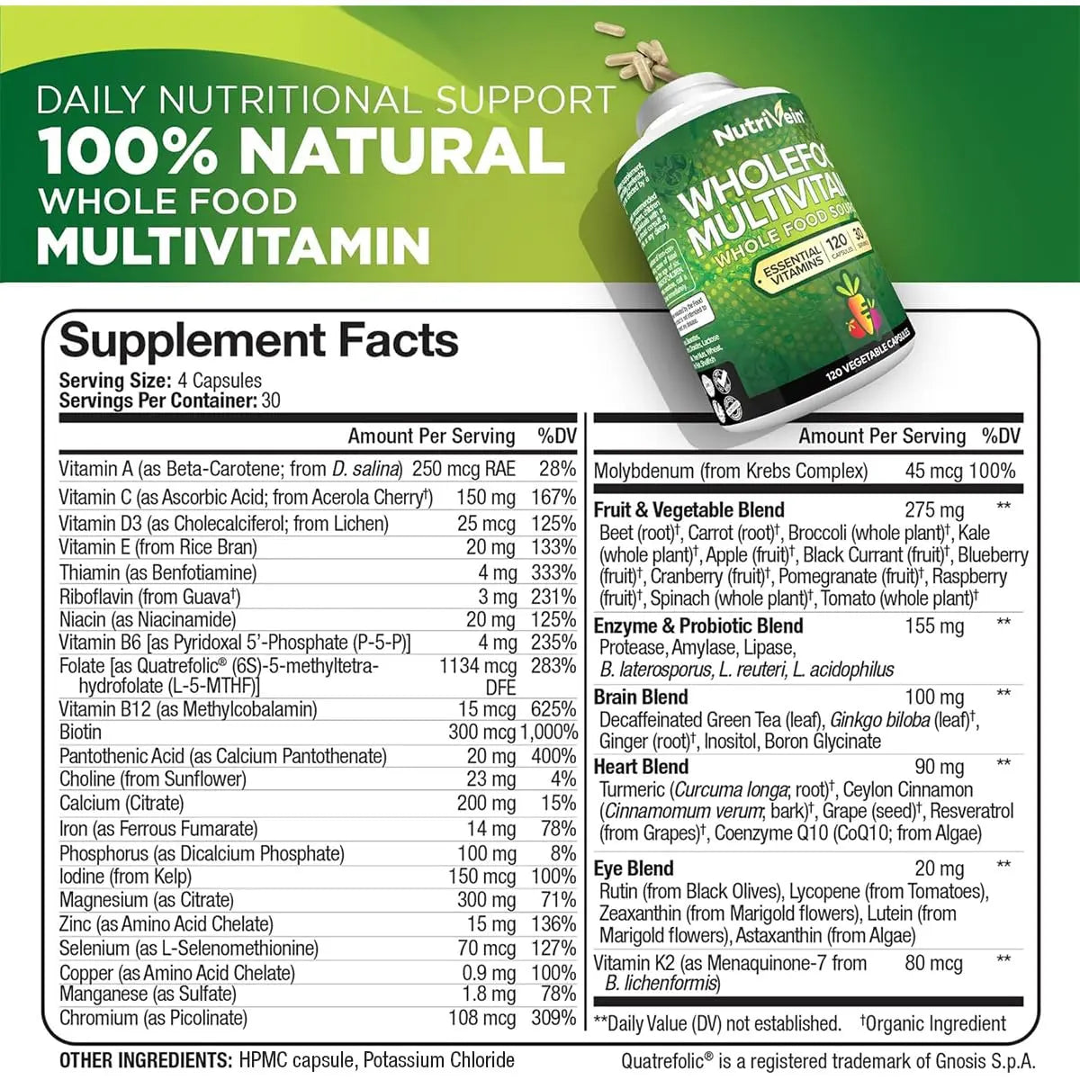 Nutrivein Whole Food Multivitamin for Men & Women – 120 Vegan Multivitamin Caps for Adults – Daily Energy, Immune & Heart Support Nutrivein uk supplements