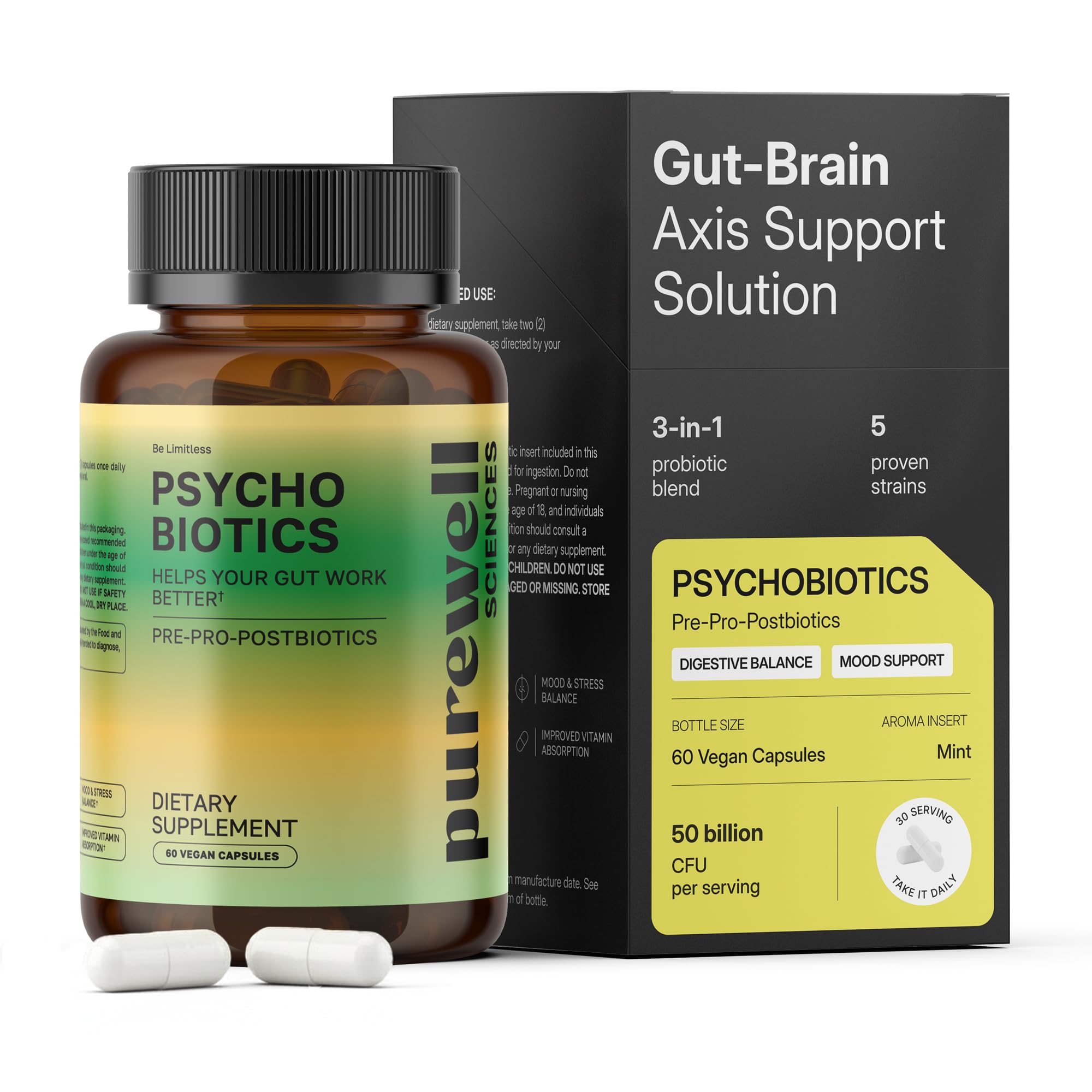 PUREWELL SCIENCES Psychobiotics – Advanced 3-in-1 Probiotic Prebiotic Postbiotic Supplement for Gut and Mood Support - 60 Vegan Probiotic Capsules – 50 Billion CFU – 1-Month Supply PUREWELL SCIENCES uk supplements