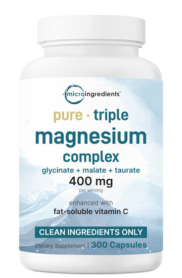Micro Ingredients Pure Magnesium Complex, 300 Capsules | Triple Magnesium Glycinate, Malate, Taurate with Vitamin C | 100% Chelated | Supports Muscles