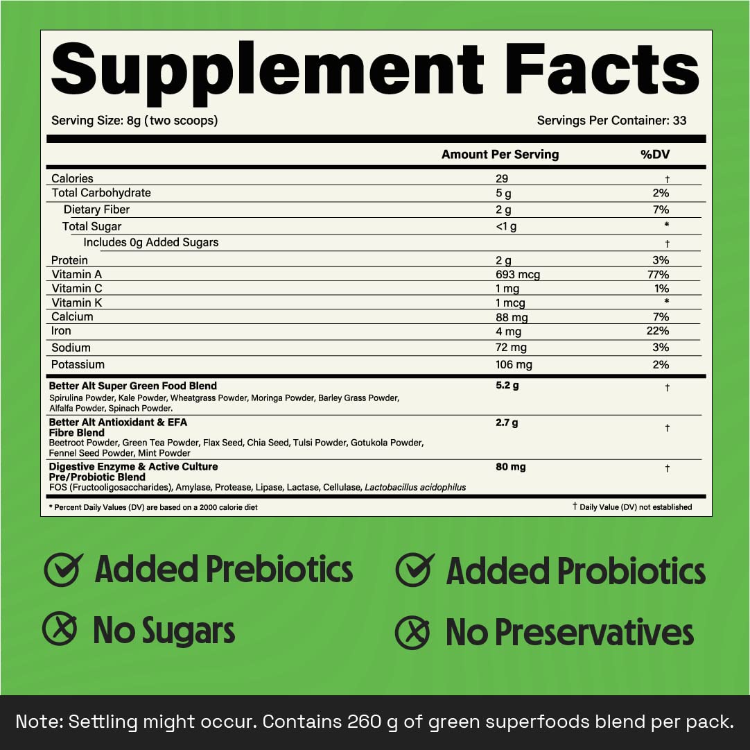 Better Alt Greens Powder, Helps Reduce Bloating, 15 Super Greens- Blend of Spirulina Better Alt uk supplements