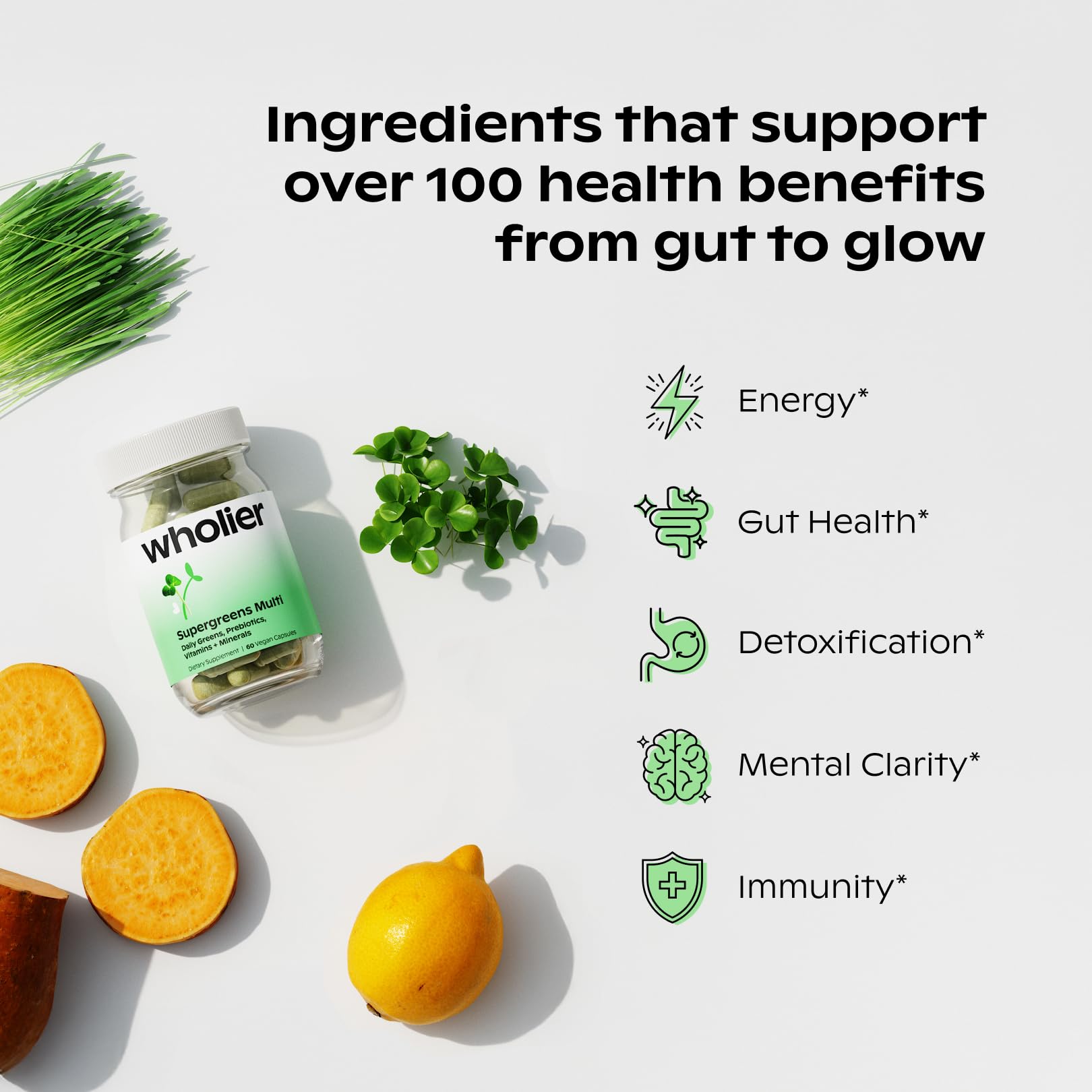 wholier Supergreens Multi, Daily Greens, Vegan Multivitamin for Women + Men, Whole Food Vitamins + Minerals, Prebiotics for Gut Health, Adaptogens (60 Vegan Capsules) Glass Bottle wholier uk supplements
