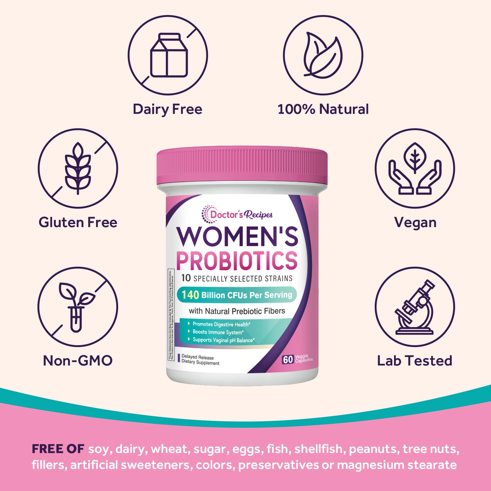 Doctor's Recipes Probiotics for Women, Organic Prebiotics and Probiotics for Digestive Health, Vaginal Health, 140 Billion CFU, 10 Strains, Shelf Stable, 60 Capsules Doctor's Recipes uk supplements