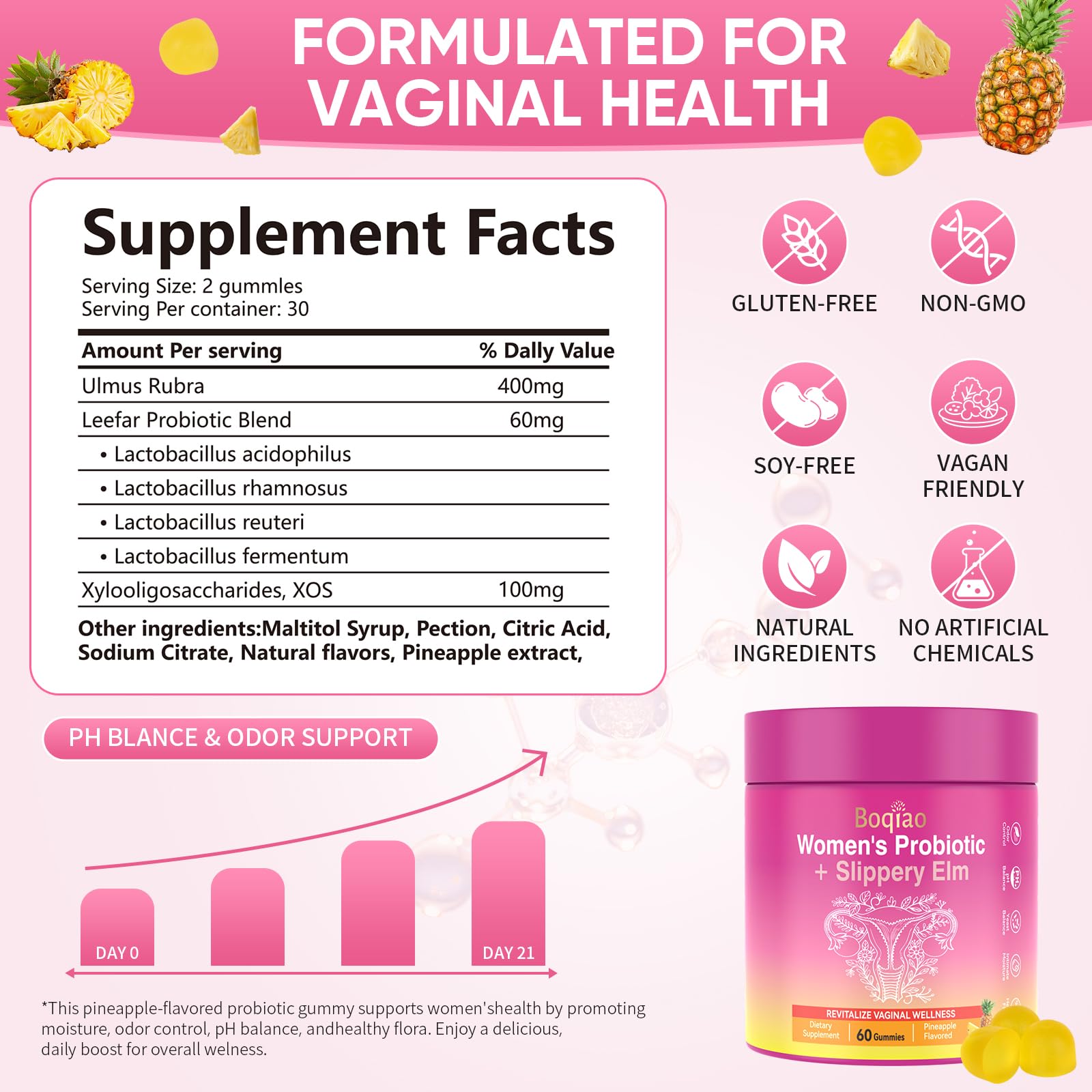 Feminine Probiotics Gummies with Slippery Elm - 60 Pineapple Gummies for Women ph Balance, Vaginal Probiotics Supports Flora, Gut Health & Immune System, Prebiotics & Lactobacillus Blend (Pineapple) Boqiao uk supplements