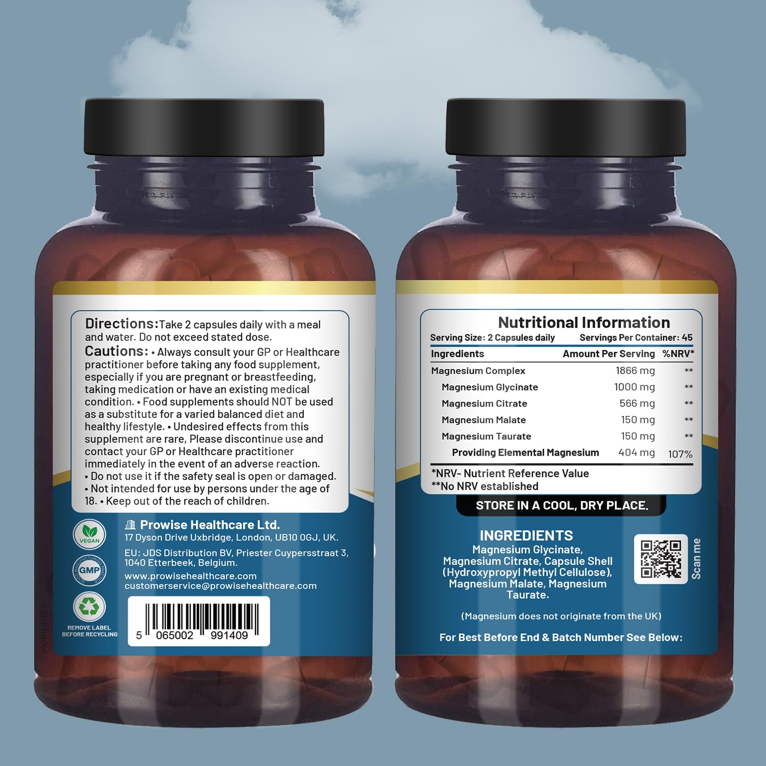 Magnesium Glycinate Complex 4 in 1-1866mg per Serving | Precise 404mg Elemental Magnesium dose | Added Magnesium Glycinate, Citrate, Malate & Taurate | 90 Vegan Capsules - by Prowise PH PROWISE Healthcare uk supplements