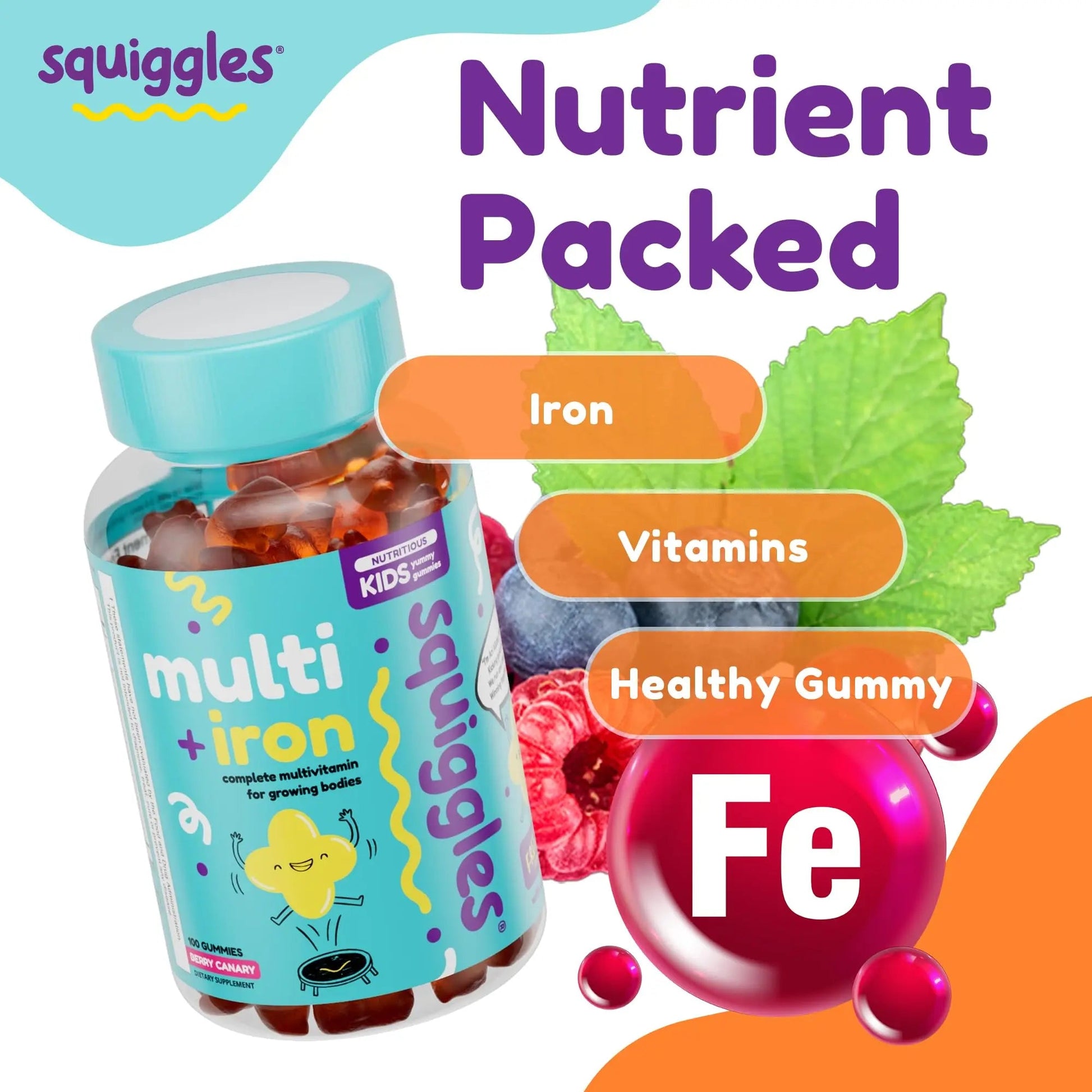 Squiggles Kids Multivitamin + Iron Gummies - Low Sugar Gummy Vitamins with Iron Supplements for Kids Squiggles uk supplements