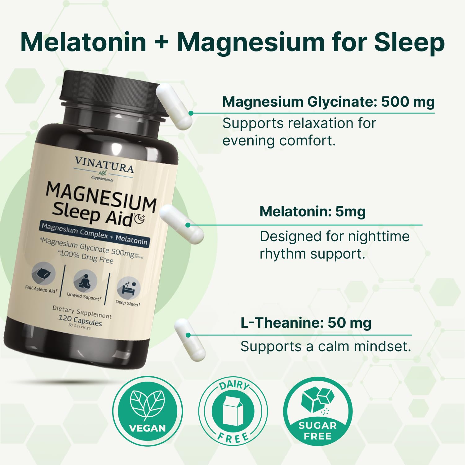 Magnesium Sleep Aid - Magnesium Glycinate Complex for Sleep with Melatonin Supplement - Glycinate 500mg, L-Theanine - 120 Capsules VINATURA uk supplements