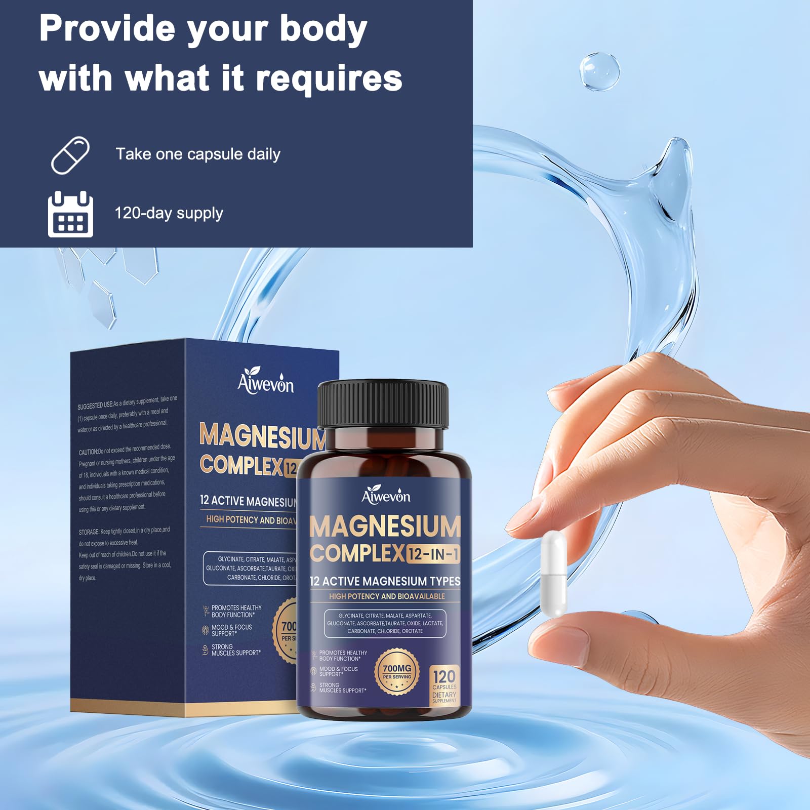 Magnesium Complex 700mg, 12 in 1 Magnesium Supplement with Glycinate, Citrate, Malate, Oxide, Taurate & Orotate, High Absorption Magnesium for Sleep, Muscle, Nerve & Heart Support, Vegan, 120 Capsules Aiwevon uk supplements