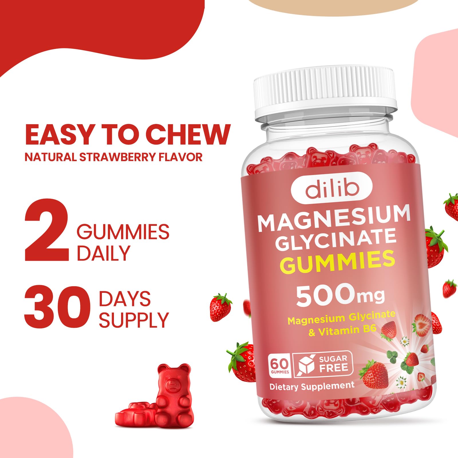 Magnesium Glycinate Gummies 500mg - Magnesium Supplement with Vitamin B6 for Adults & Magnesium for Kids - Calm Magnesium for Sleep, Mood, Muscle Support - Strawberry Flavor, 60 Gummies dilib uk supplements