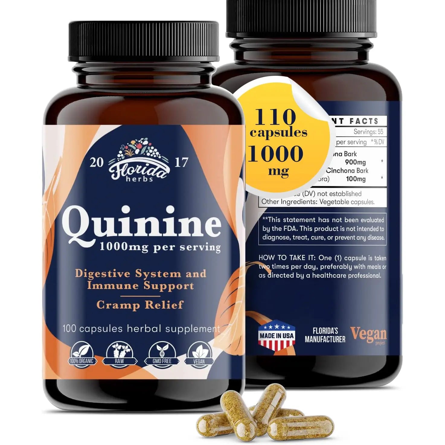 FLORIDA HERBS Quinine for Leg Cramps 1000 mg - 110 Capsules - Cinchona Bark Extract Supplement - Quinine Capsules - Vegan, Non - GMO FLORIDA HERBS uk supplements