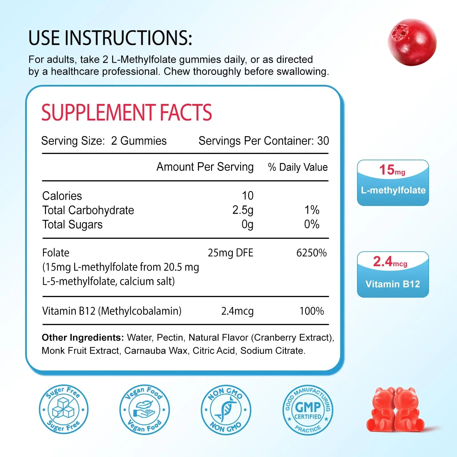 Zetelixia 2 Pack L-Methylfolate 15mg & Methyl B12 Gummies, Folate Supplement for Brain Health, Mood & Immunity, DNA Synthesis & Repair Zetelixia uk supplements