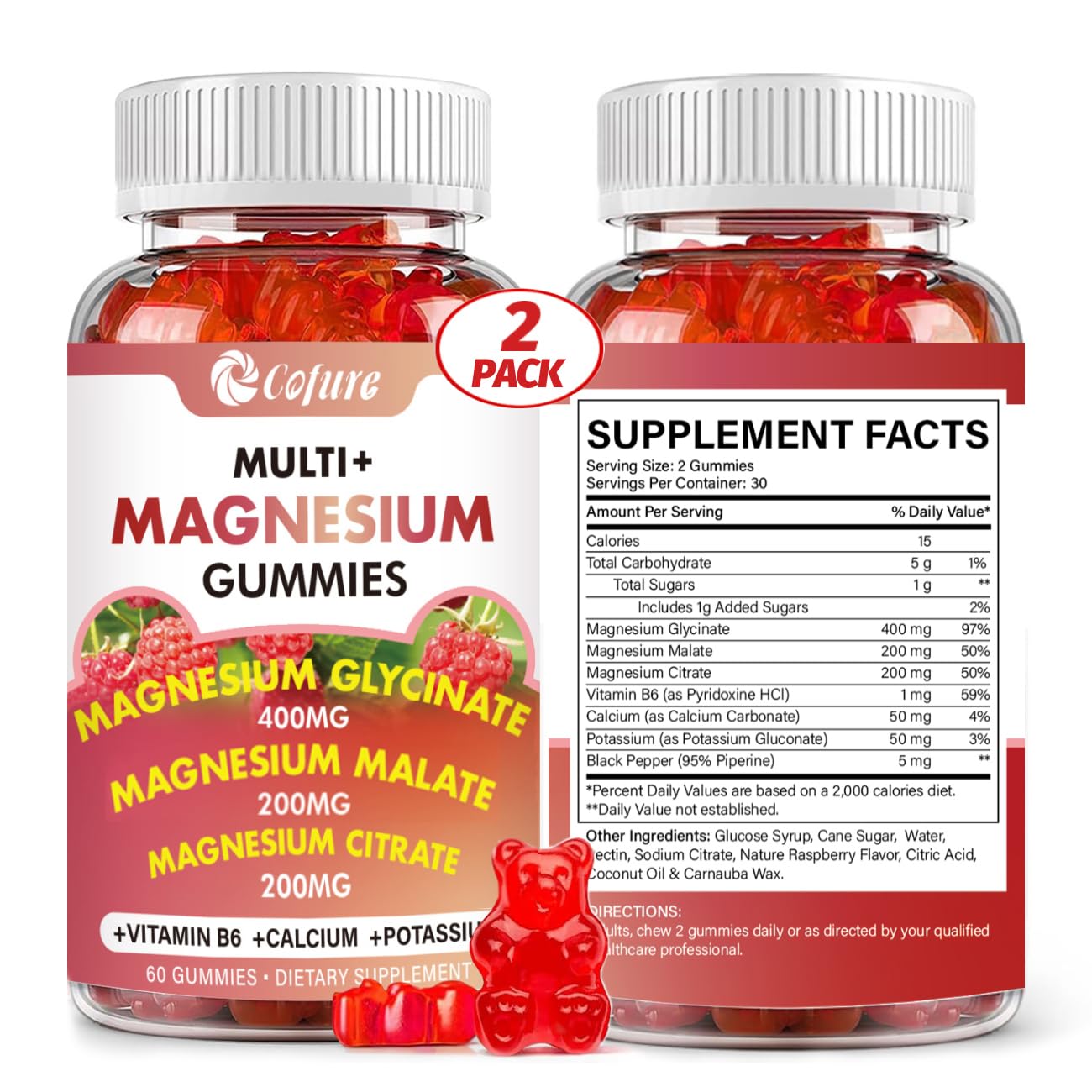 Cofure Triple Magnesium Complex 900 mg, Magnesium Glycinate, Citrate, Malate with Potassium, Calcium, Vitamin B6 for Calm & Sleep - Vegan, Non-GMO, Gluten Free - 120 Raspberry Gummies for Adults Cofure uk supplements