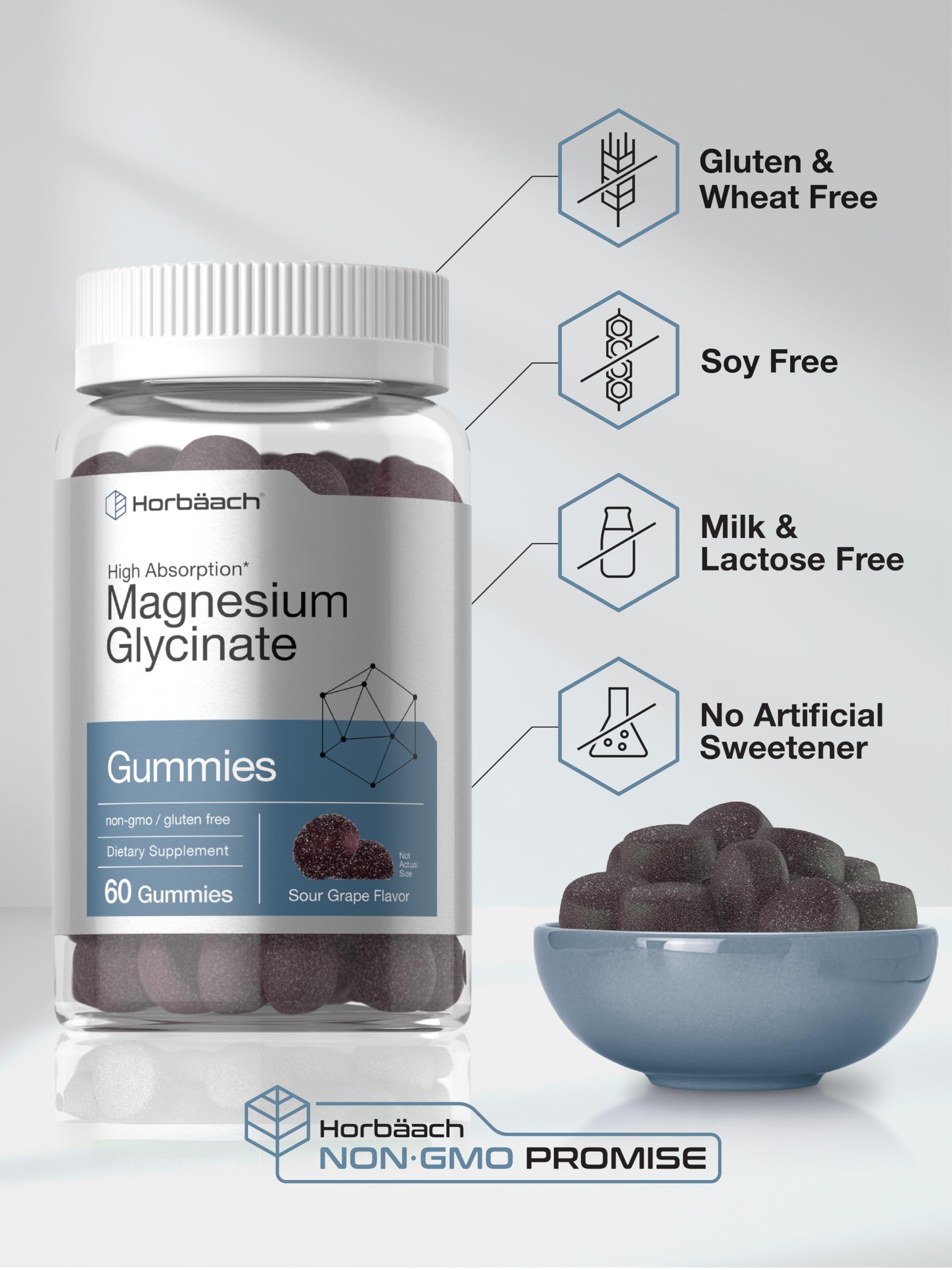 Horbäach Magnesium Glycinate Gummies | 60 Count | Sour Grape Flavor | High Absorption | Vegan, Non-GMO, Gluten Free Horbäach uk supplements