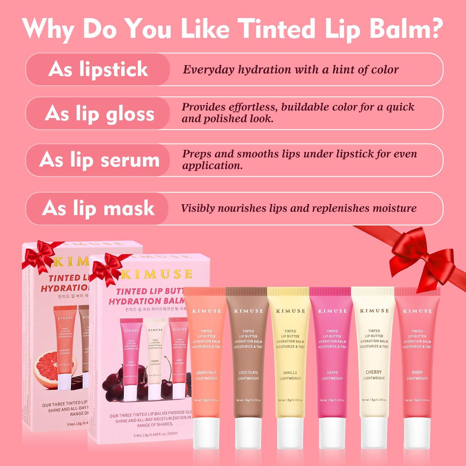 KIMUSE 6 Pcs Tinted Lip Butter Hydration Balm Set, 6 Flavored Shades Hydrating Plumping Gloss with Hyaluronic Acid & Vitamin E, Sheer Tint, Non-Sticky | Vegan Lip Care Makeup for Dry Lips & Daily KIMUSE uk supplements