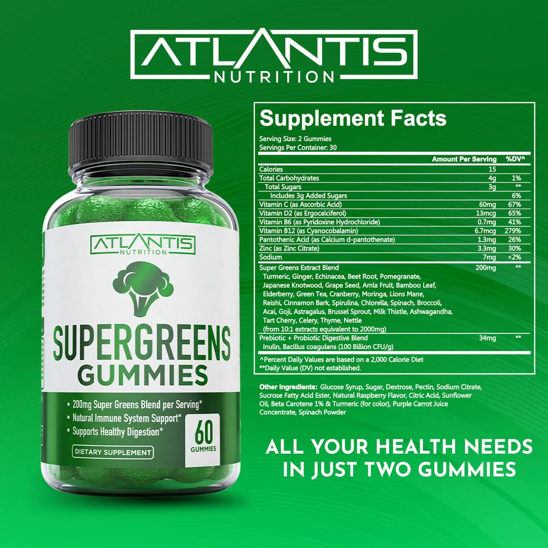 Atlantis Nutrition Supergreens Gummies - Daily Green Superfoods Supplement with Spinach, Broccoli, Moringa, Beet Root, Celery, Green Tea, & Acai for Immunity Support - Natural Raspberry Flavor, 60 cnt Atlantis Nutrition uk supplements