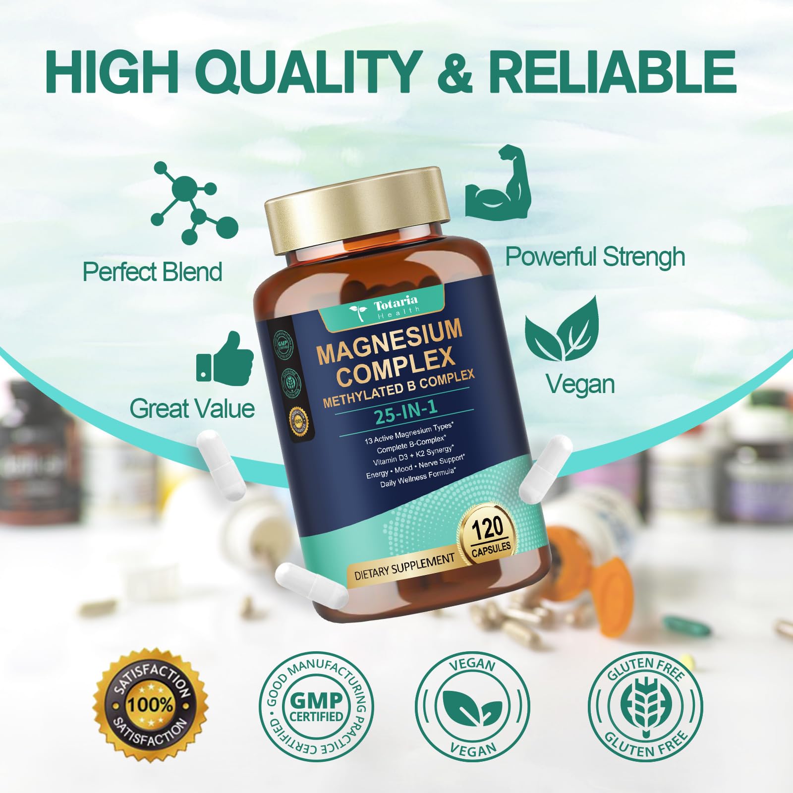 25-in-1 Magnesium Complex with Methylated B Complex Magnesium Glycinate Citrate Malate Taurate Gluconate Aspartate Carbonate D3 K2, Magnesium Supplement