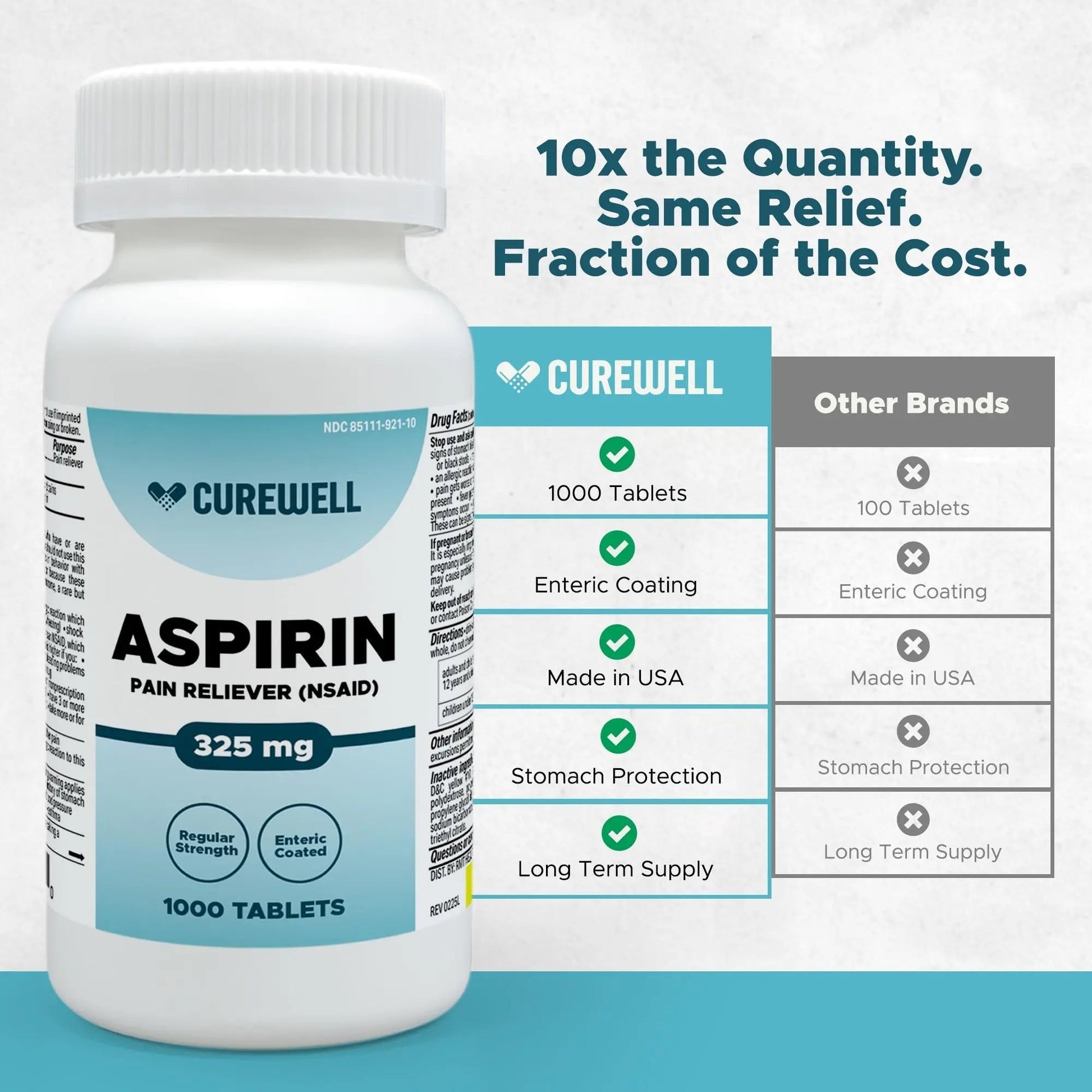 CUREWELL Enteric Coated Aspirin Tablets 325mg (1000 Count) NSAID Pain Reliever & Fever Reducer Coated Aspirin for Adults - Regular Strength for Headache Arthritis Menstrual & Muscle Pain CUREWELL uk supplements