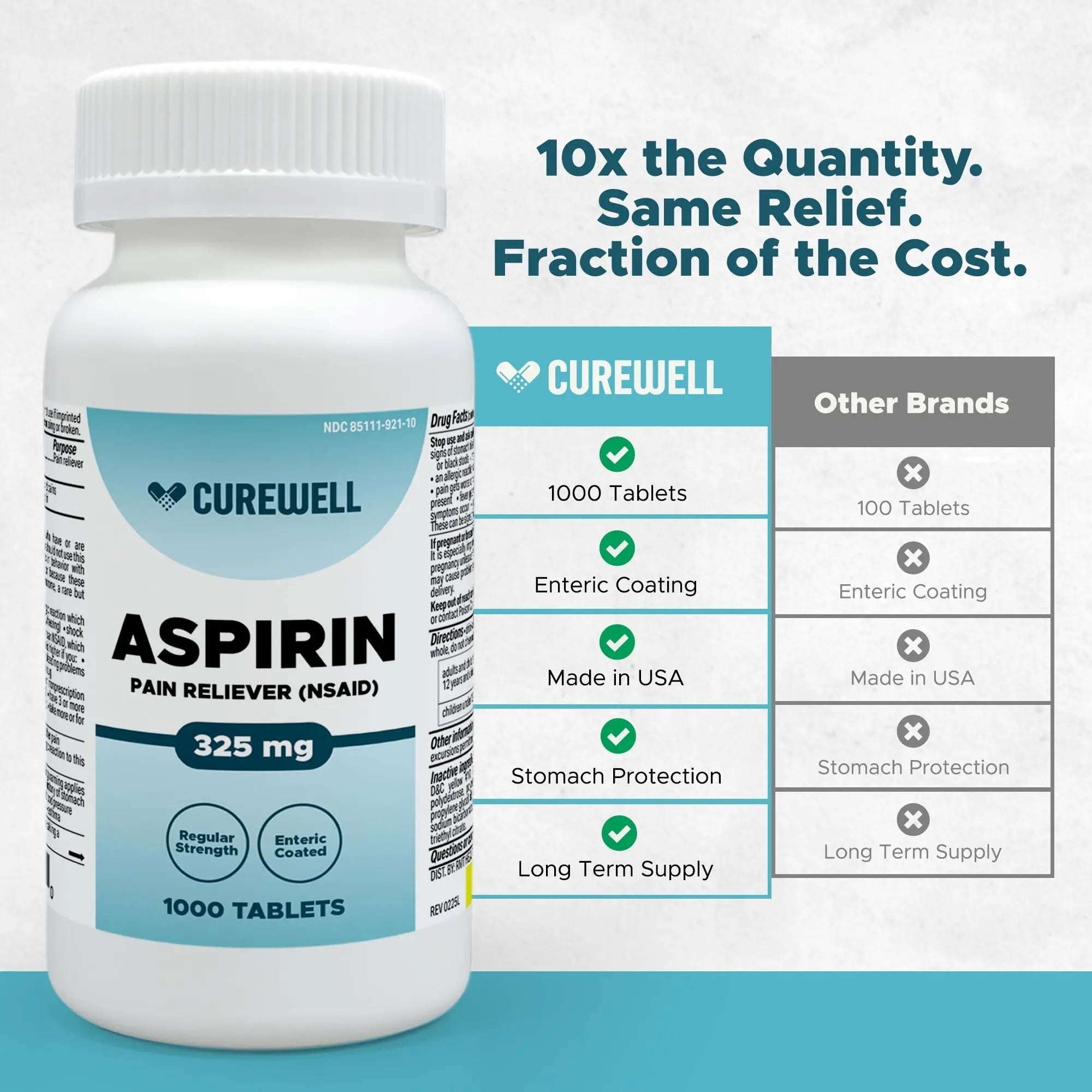 CUREWELL Enteric Coated Aspirin Tablets 325mg (1000 Count) NSAID Pain Reliever & Fever Reducer Coated Aspirin for Adults - Regular Strength for Headache Arthritis Menstrual & Muscle Pain CUREWELL uk supplements