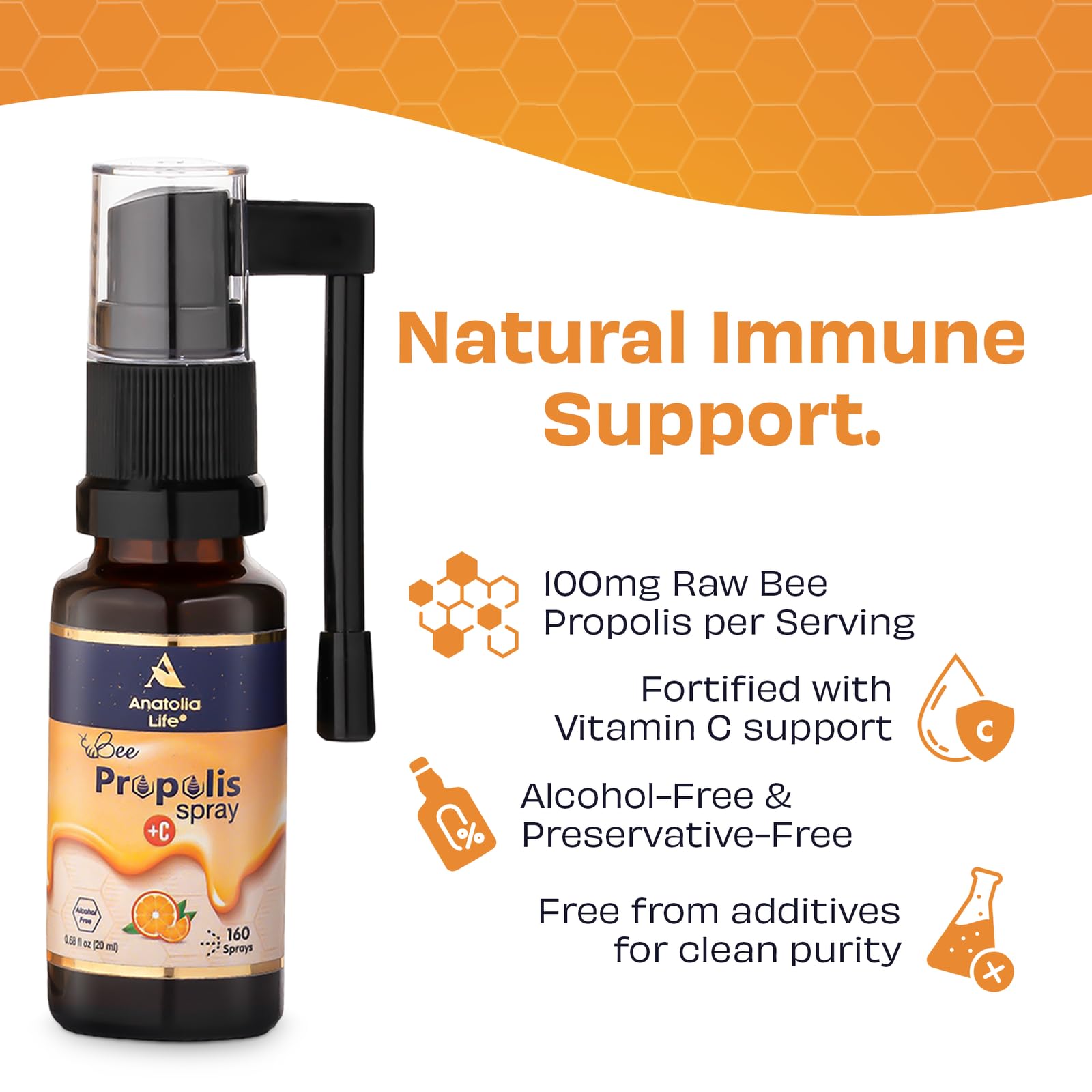 Anatolia Life Bee Propolis Spray + Vitamin C – Alcohol-Free, Natural Orange Flavor, 100% Pure Bee Propolis Extract, Antioxidant Support, Gentle Throat Comfort – 20 ml (~160 Sprays) Anatolia Life uk supplements