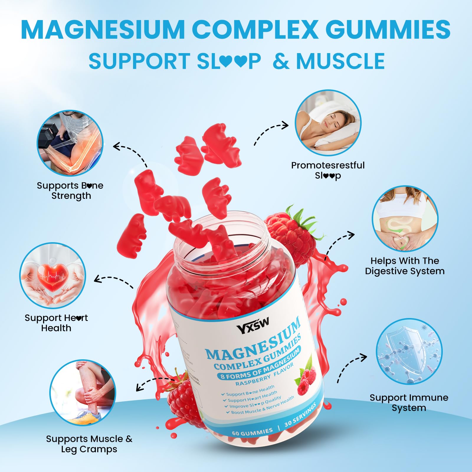Magnesium Complex Gummies 8 Elemental 1000mg - Magnesium Glycinate, Citrate, Malate, Taurate, Supports Bones, Muscle, Nerve Health, for Women & Men, Vegan Non-GMO, Raspberry Flavor, 60 Count YXSW uk supplements