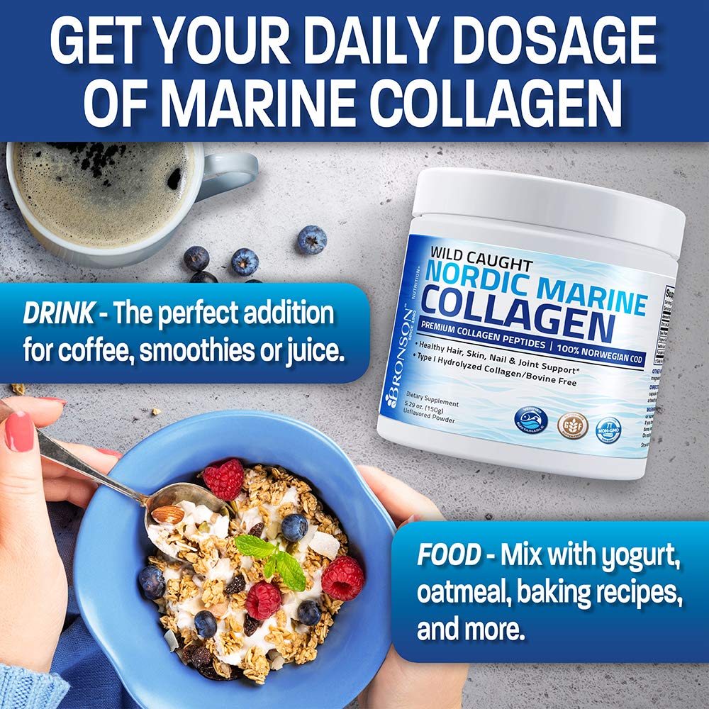Bronson Marine Collagen Peptides Hydrolyzed Protein Powder 100% Wild Caught Nordic Cod Verified Sustainable Source for Joints Skin Hair Nails & Bones 150g (5.29oz) Bronson uk supplements