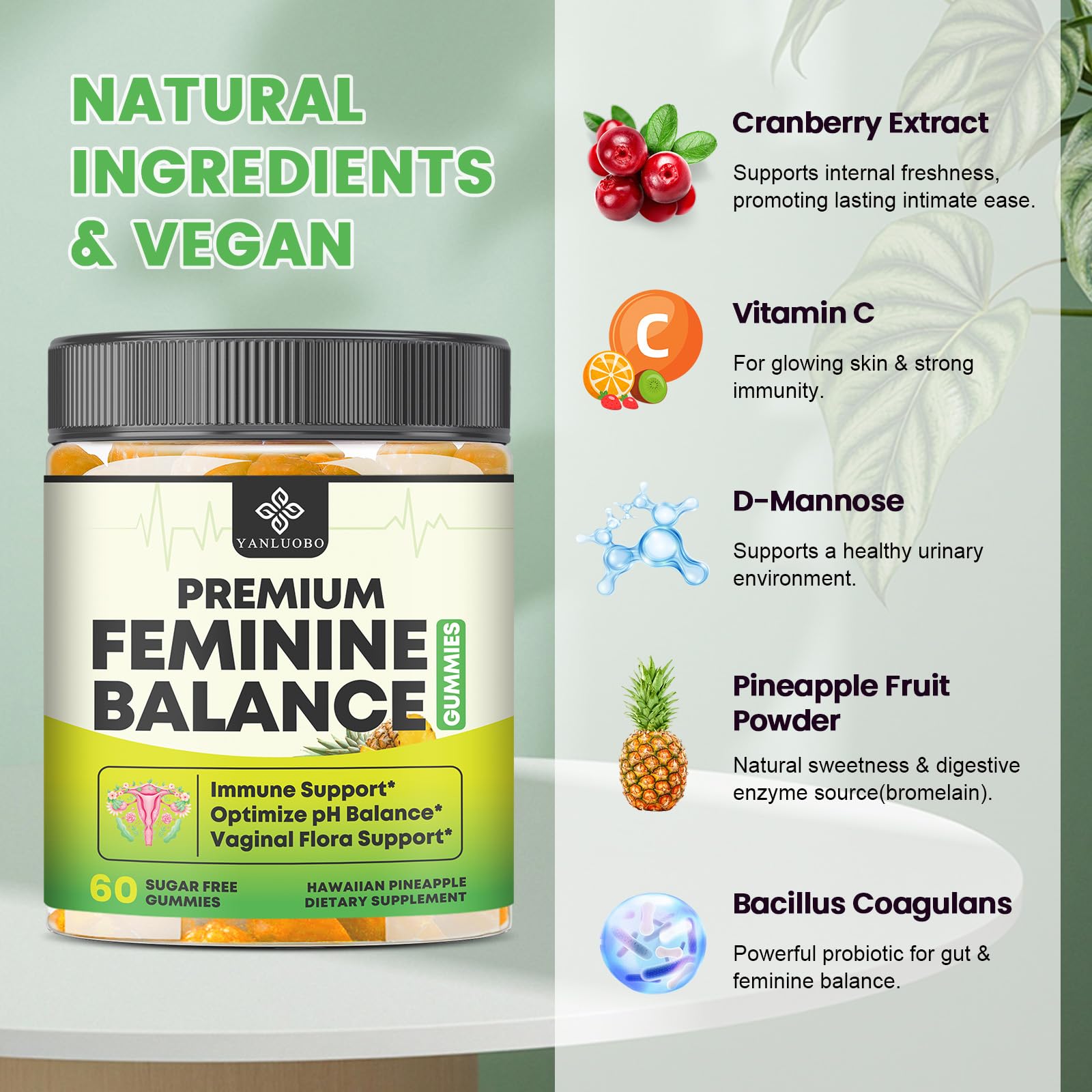 YANLUOBO Feminine Balance Probiotic Gummies - Women's Vaginal Health Support | PH Balance & Odor, Flora, Immune Support | Probiotics for Women, Vegan Pineapple Flavor, 60 Count YANLUOBO uk supplements