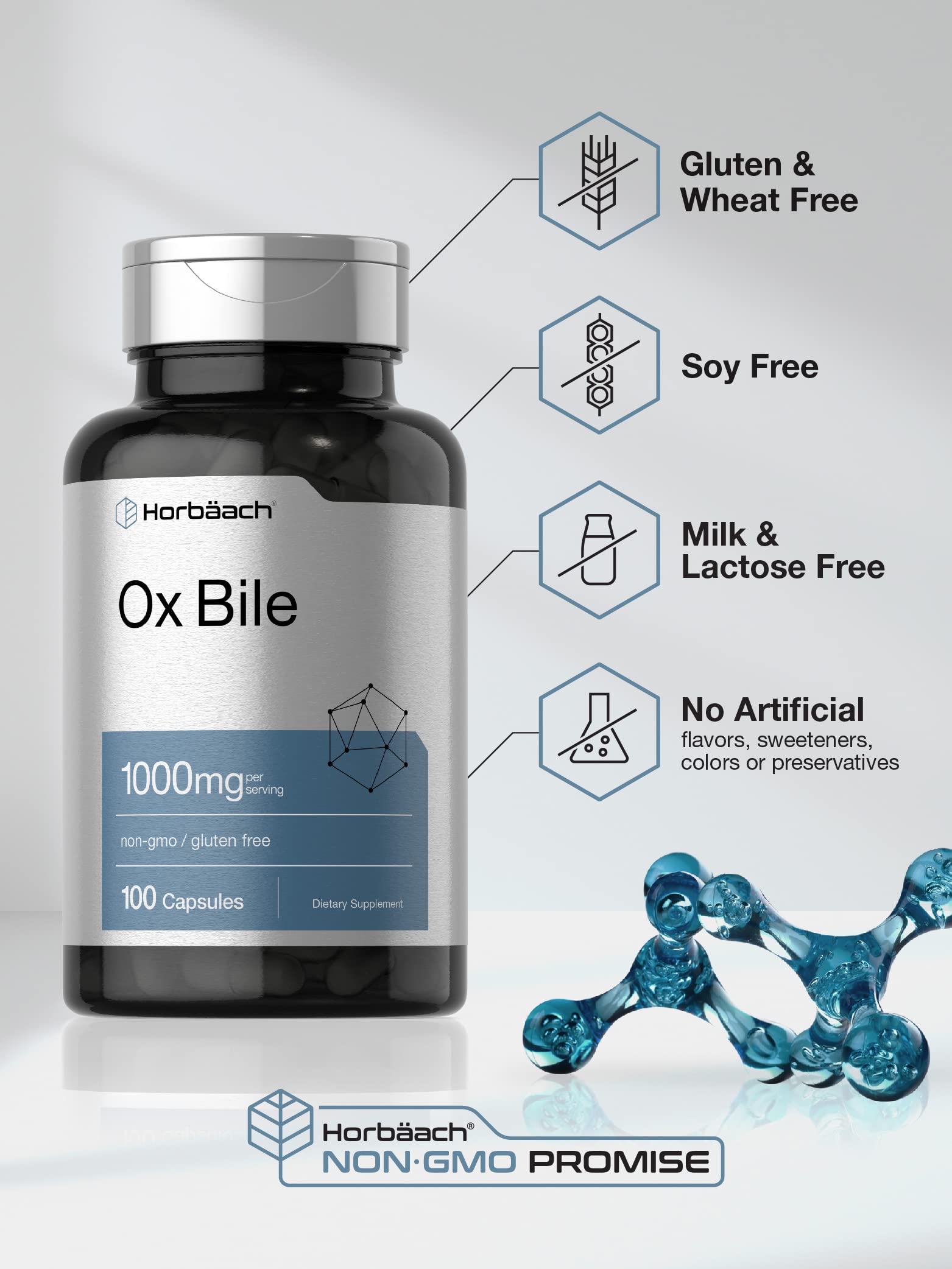 Ox Bile 1000 mg 100 Capsules | Digestive Enzymes Supplement | Non-GMO & Gluten Free Horbäach uk supplements