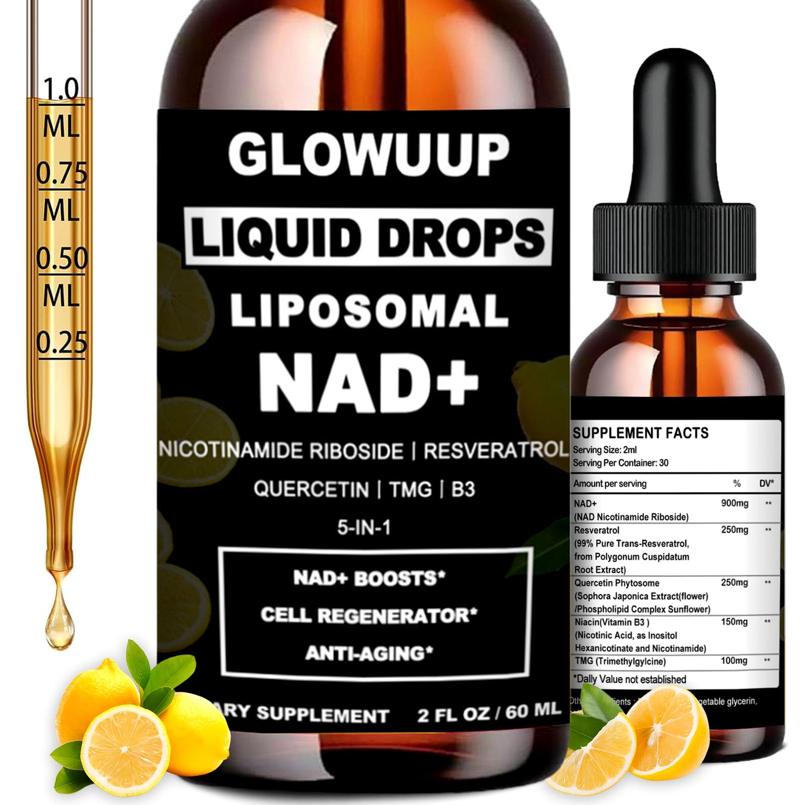 NAD Supplements for Women & Men, Liposomal NAD Nicotinamide Riboside Resveratrol 900mg w. B3 Vitamin Quercetin TMG, Liquid Resveratrol NAD Plus Supplement for Anti-Aging Energy Focus Longevity GLOWUUP uk supplements