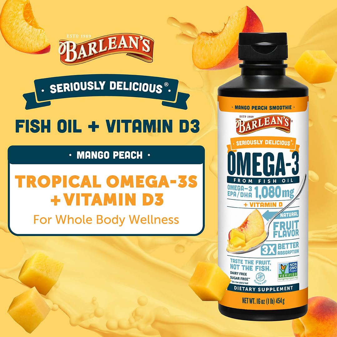 Barlean's Omega 3 Fish Oil Liquid Supplement with Vitamin D for Men and Women, 1080mg of EPA and DHA Fatty Acid, Promotes Brain & Heart Health - Non-GMO, Mango Peach, 16 oz Barlean's uk supplements