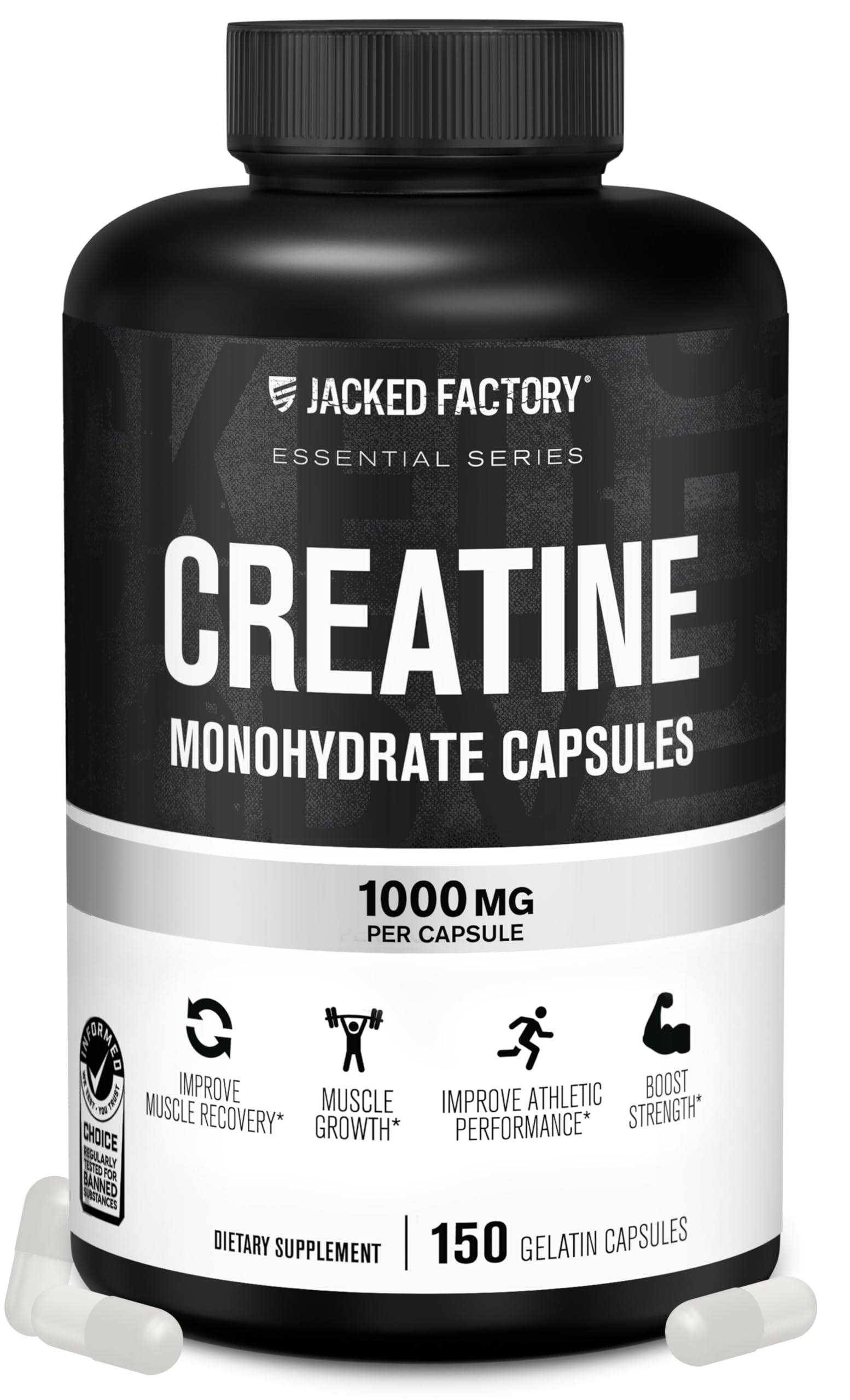 Jacked Factory Creatine Monohydrate Capsules - Creatine Pills for Muscle Growth, Increased Strength, Enhanced Energy Output and Improved Athletic Performance - 150 Capsules Jacked Factory uk supplements