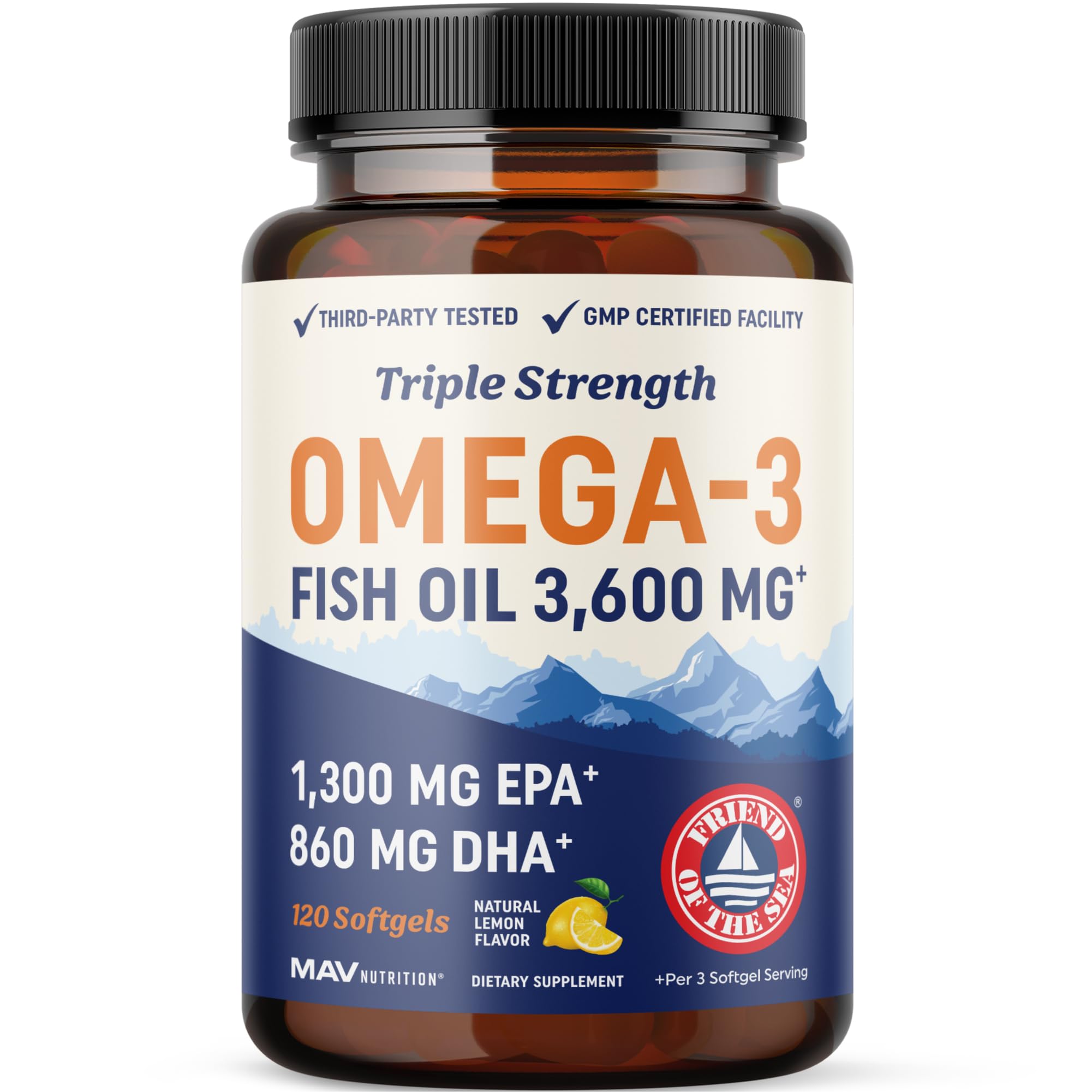 Triple Strength DHA Omega 3 Fish Oil 3600 mg | Over 2100mg Omega-3 Fatty Acids with 860mg of DHA | 1300mg EPA | Best Essential Fatty Acids | Premium Wild Caught & Burpless Fish Oil | 120 ct. MAV NUTRITION uk supplements