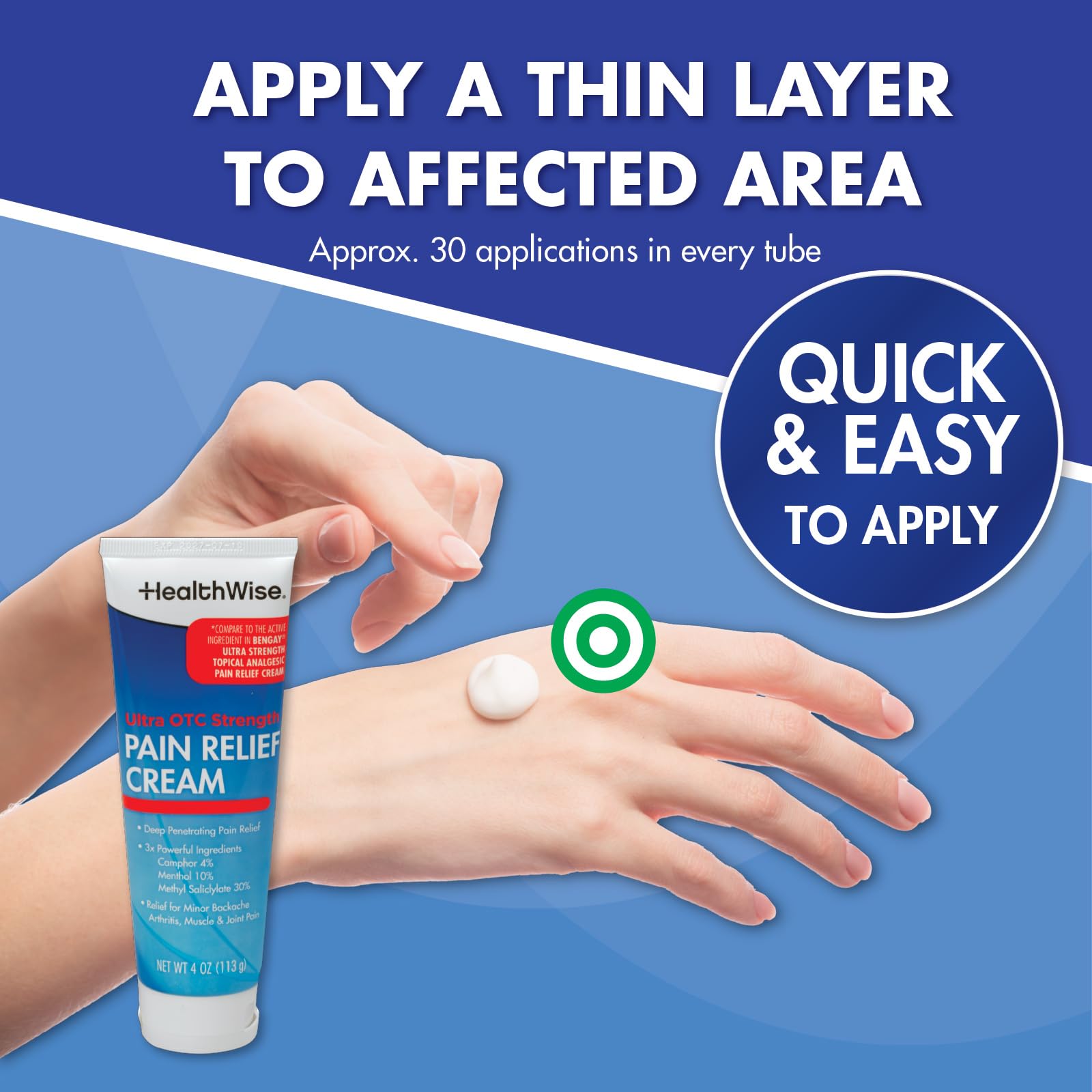HealthWise Pain Relief Cream | Ultra OTC Strength | 4% Camphor + 10% Menthol + 30% Methly Saliclylate | Non-Greasy Formula | 4.0 Oz | Topical Analgesic HealthWise uk supplements