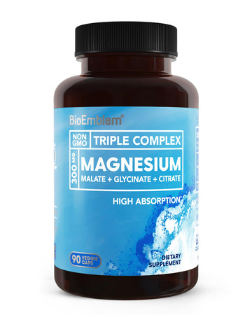 BioEmblem Triple Magnesium Complex | 300mg Magnesium Glycinate, Malate & Citrate | High Absorption Chelated Formula | Vegan, Non-GMO, Gluten-Free | 90 Capsules BioEmblem uk supplements