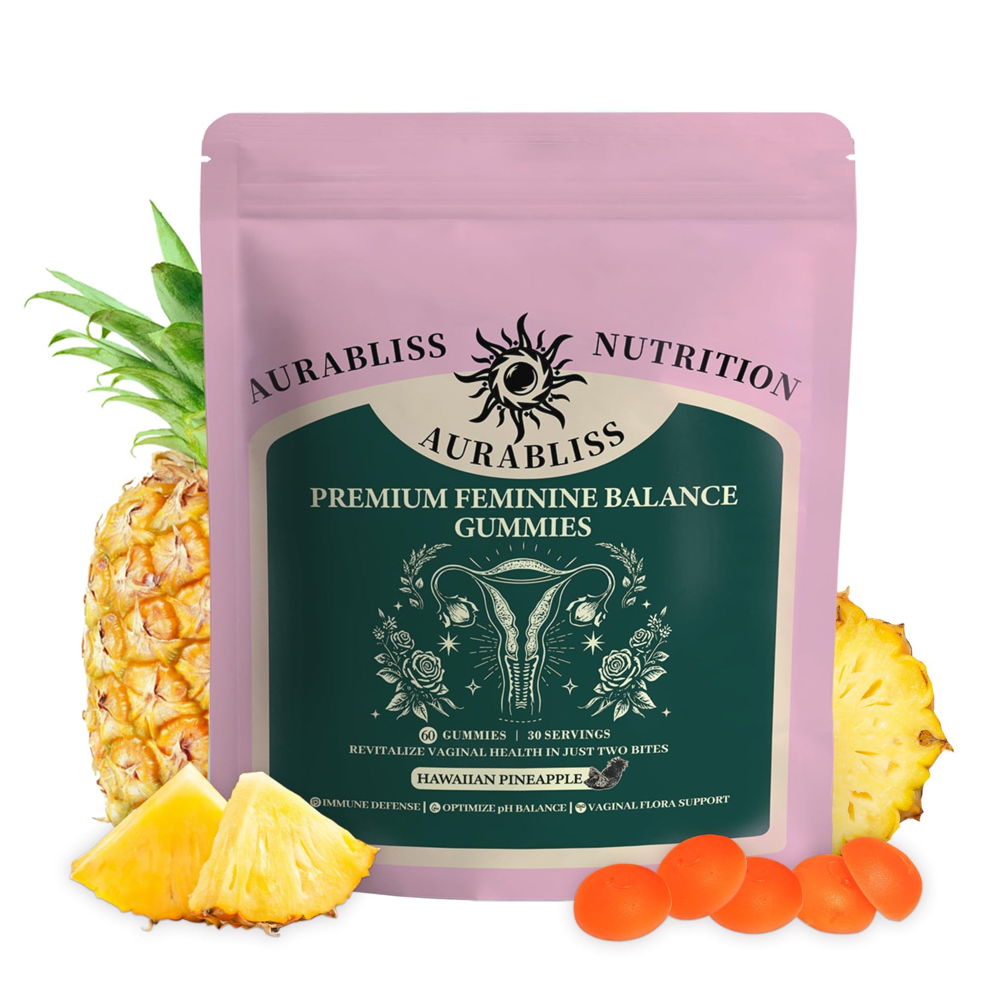 Premium Feminine Balance Gummies for Women - Hawaiian Pineapple Gummies for Women PH Balance Wellness, Immune Support, Vegan Daily Supplement for Odor and Flora Health , 60 Counts - 30 Servings Aurabliss uk supplements