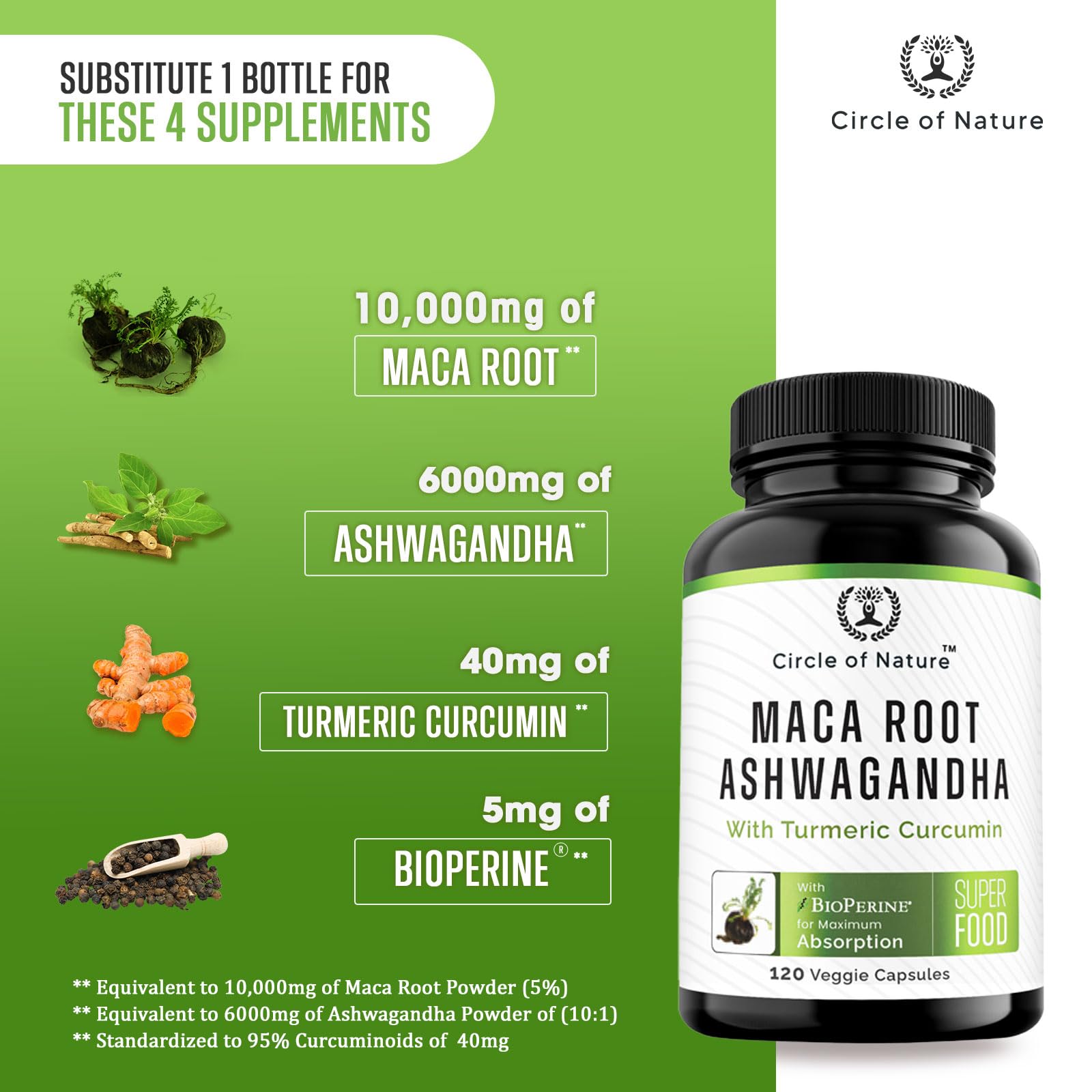 Maca Root 10,000 mg, Ashwagandha 6000mg Extract, Capsules for Men & Women CIRCLE OF NATURE uk supplements