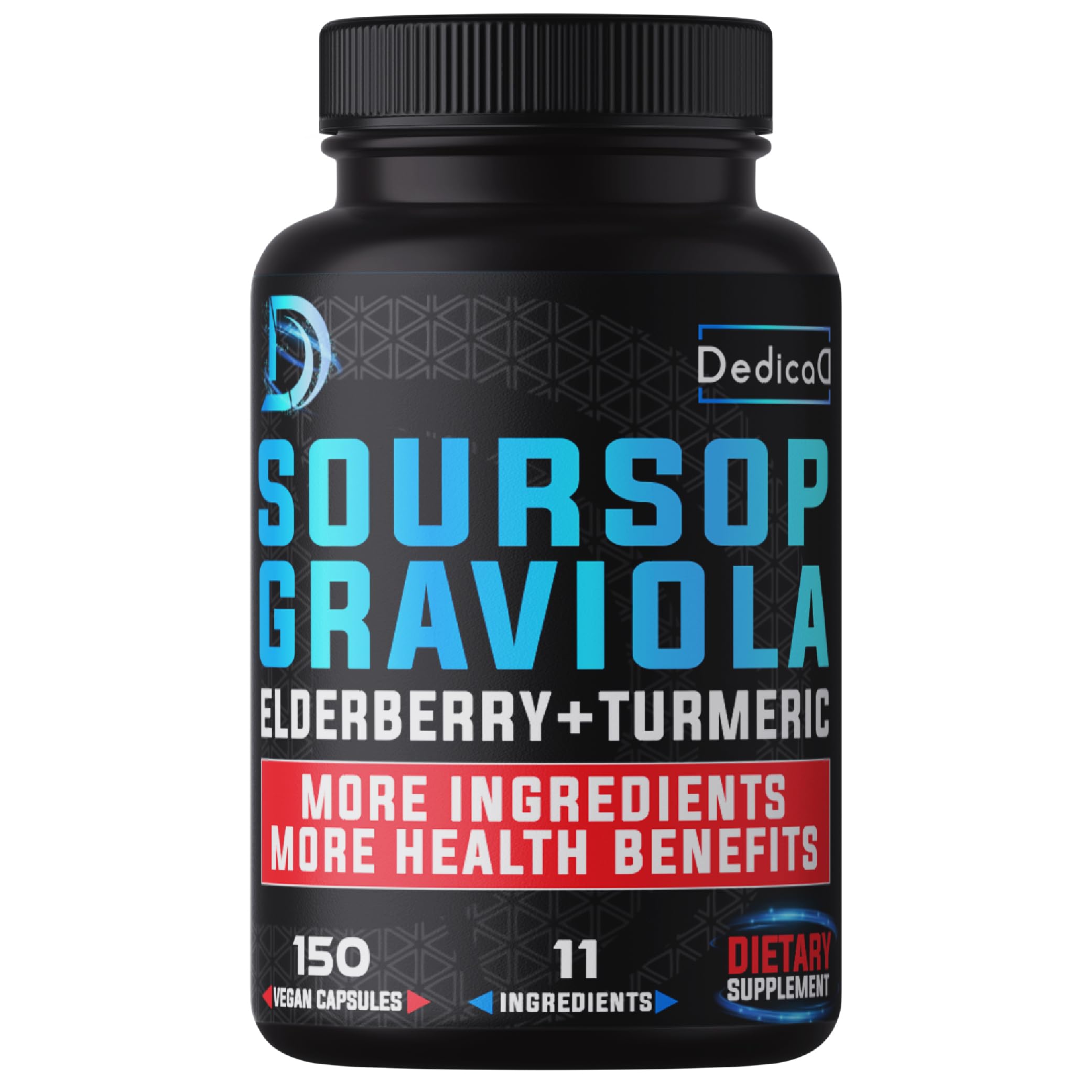 DEDICAD 11in1 Graviola Soursop Capsules for 5 Months Supply with Soursop Fruit, Elderberry, Turmeric, Ginger, Milk Thistle, Cranberry & More - Mood - 150 Vegan Capsules DEDICAD uk supplements